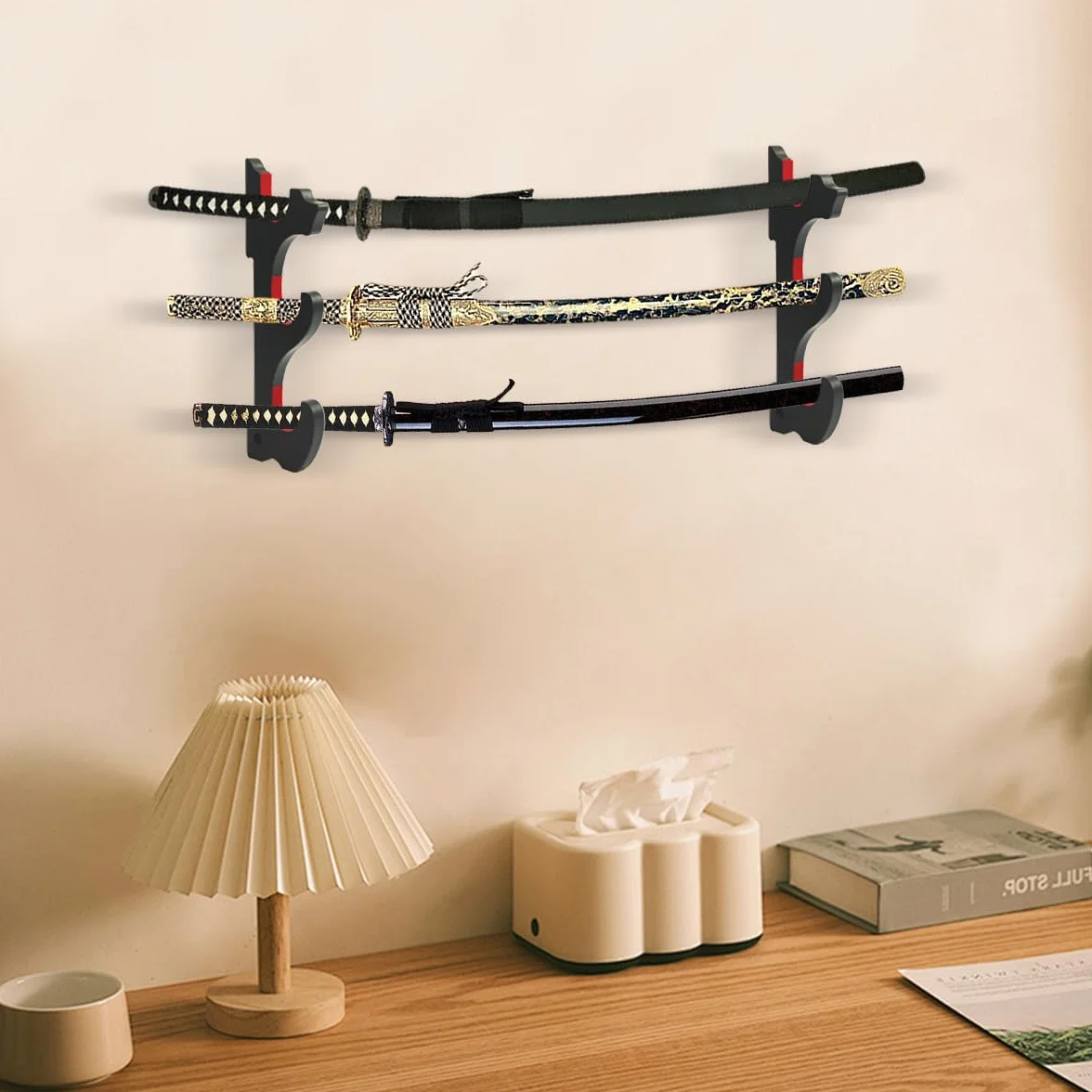 Soporte de pared para Katana de 3 niveles, madera, Marrón