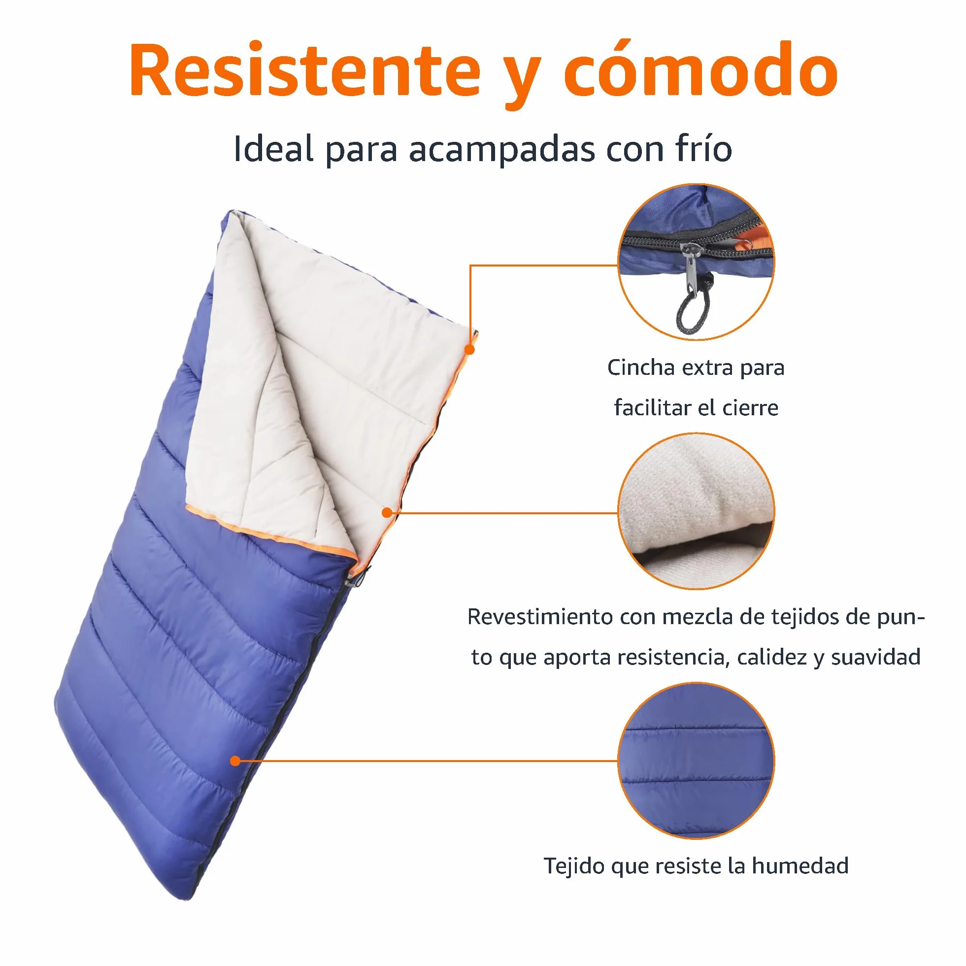 Amazon Basics Saco de Dormir Ligero, 4 Estaciones, para Clima Frío y Cálido, Camping y Senderismo, 190 x 83 cm, Azul