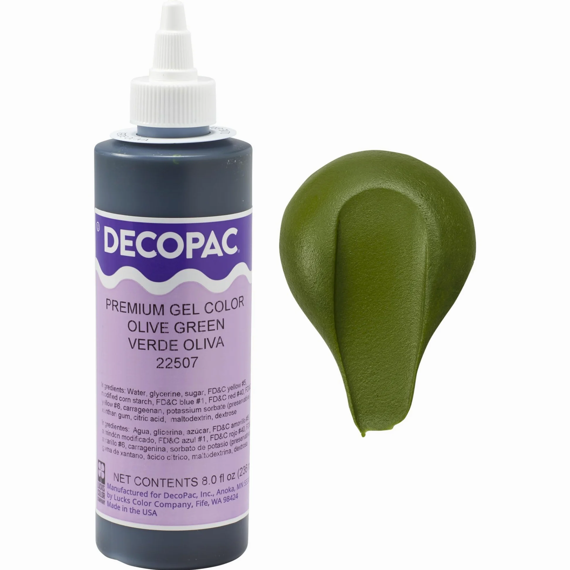 DecoPac Premium Gel Food Coloring | Tinte verde oliva para hornear | 8 oz | Crema de mantequilla de color, fondant, esmalte y gel de tuberías, seguro para alimentos, gel altamente concentrado, 8 oz