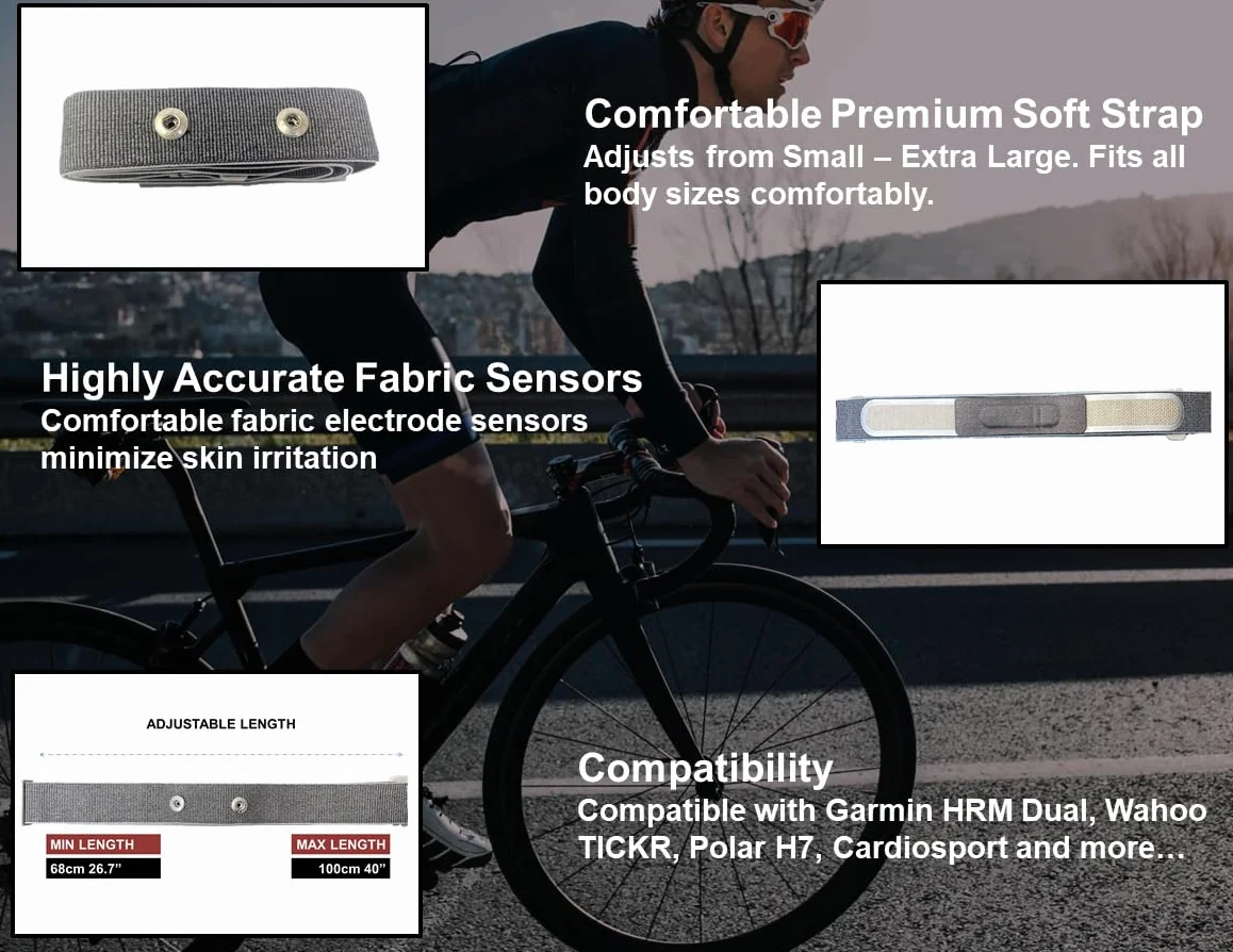 Correa de repuesto para monitor de frecuencia cardíaca, compatible con Garmin HRM Dual, Wahoo, Polar H7, Decathlon, Peloton, talla S-XL, gris