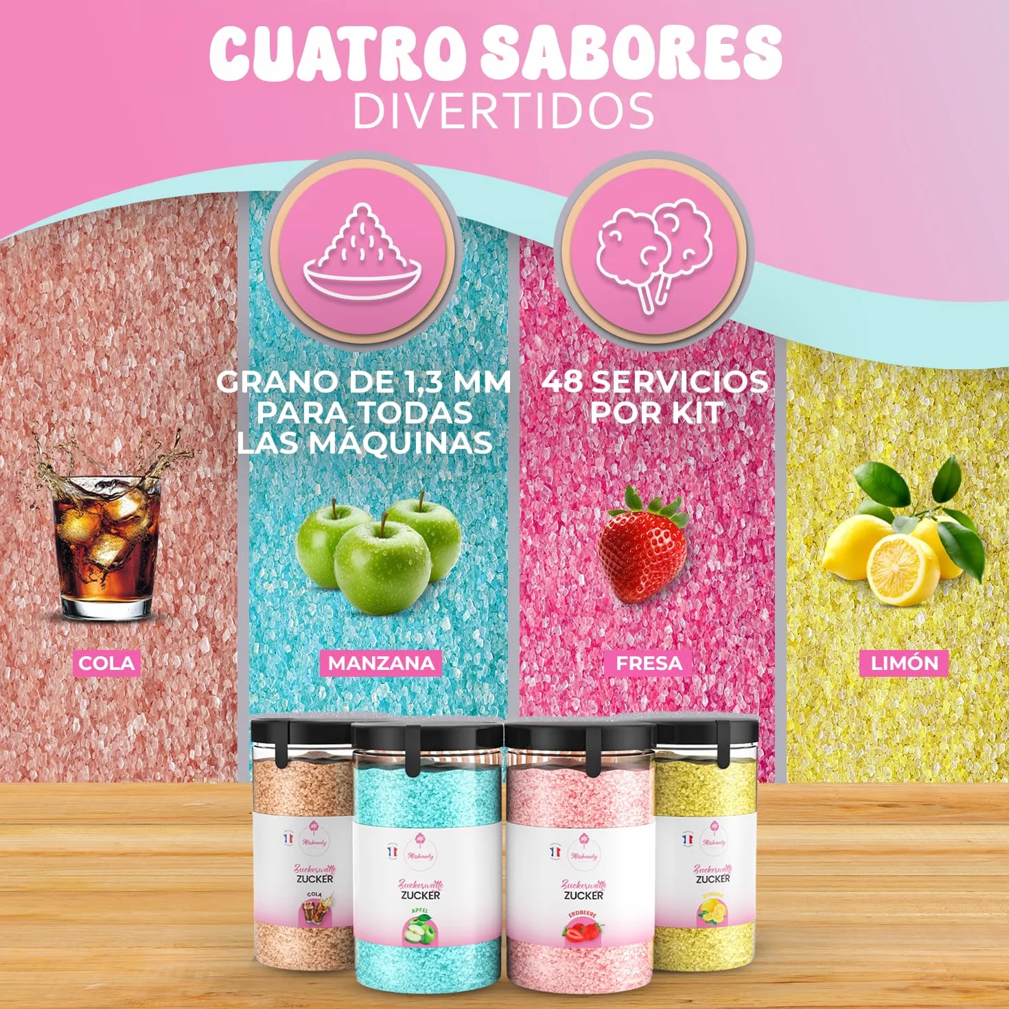 Misskandy® algodón de azúcar para máquina- Pack de 4 * 240Gr - (Sabores Naturales): Sabores: Fresa/Manzana/Cola/Limón + 50 palitos (gratis)