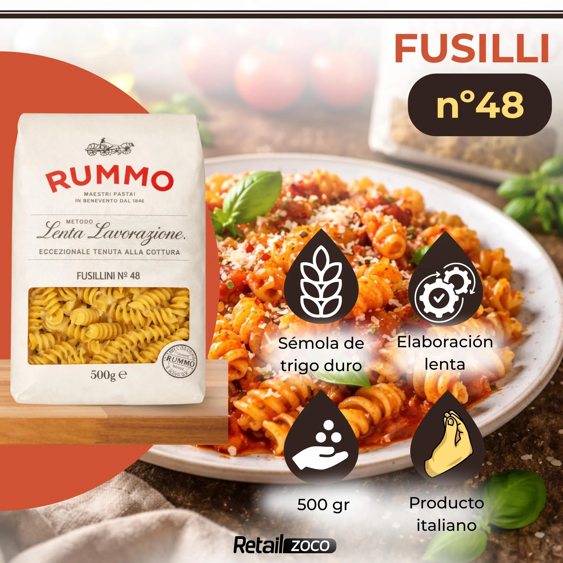 Pasta Rummo Fusilli Nº48 500g, Pasta Italiana, Pasta alimenticia de sémola de trigo duro, Contiene gluten, Puede contener trazas de soja, Tiempo de cocción 9 minutos, 1 Paquete de 500 gr