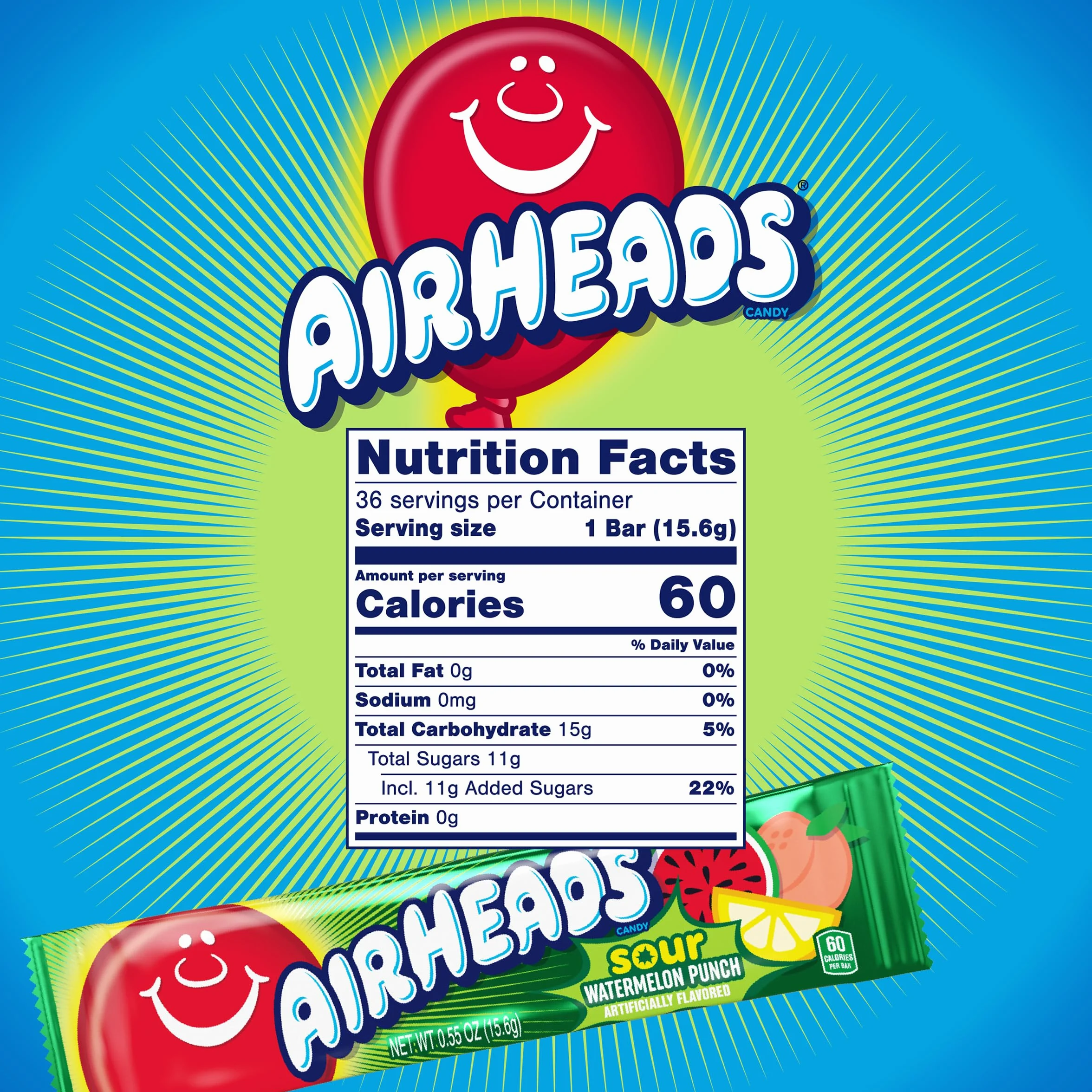 Airheads Barras de caramelo agrio, sabor a ponche de sandía, a granel, concesiones, fiestas, 36 barras