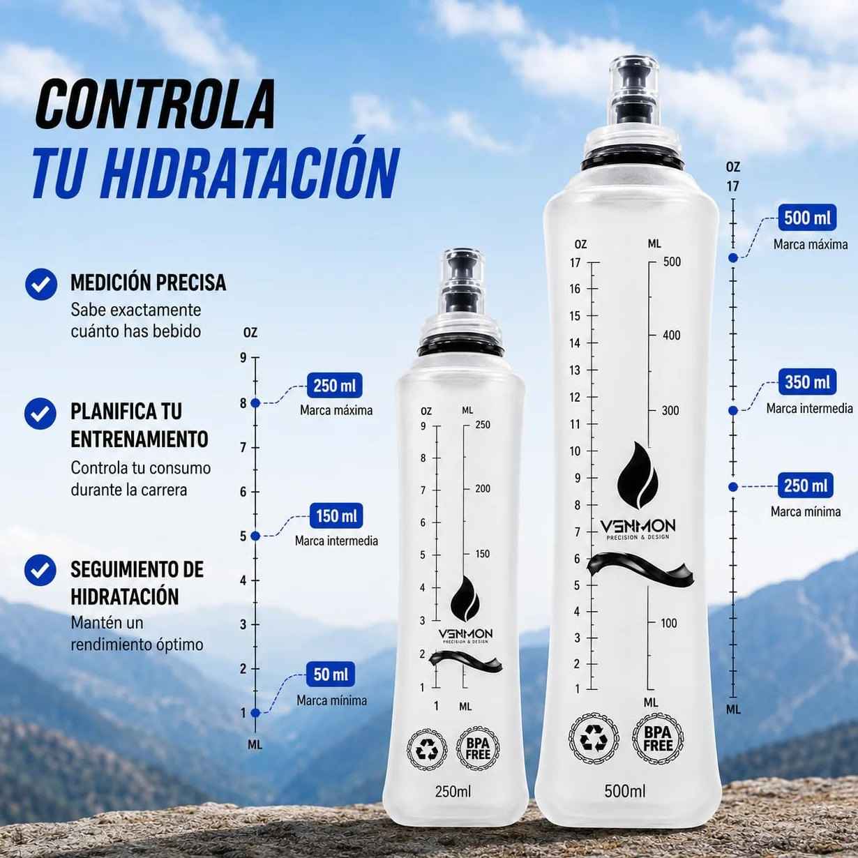Pack de 4 Soft Flask 250ml y 500ml Botella Plegable Agua Running TPU Libre BPA Válvula Antigoteo