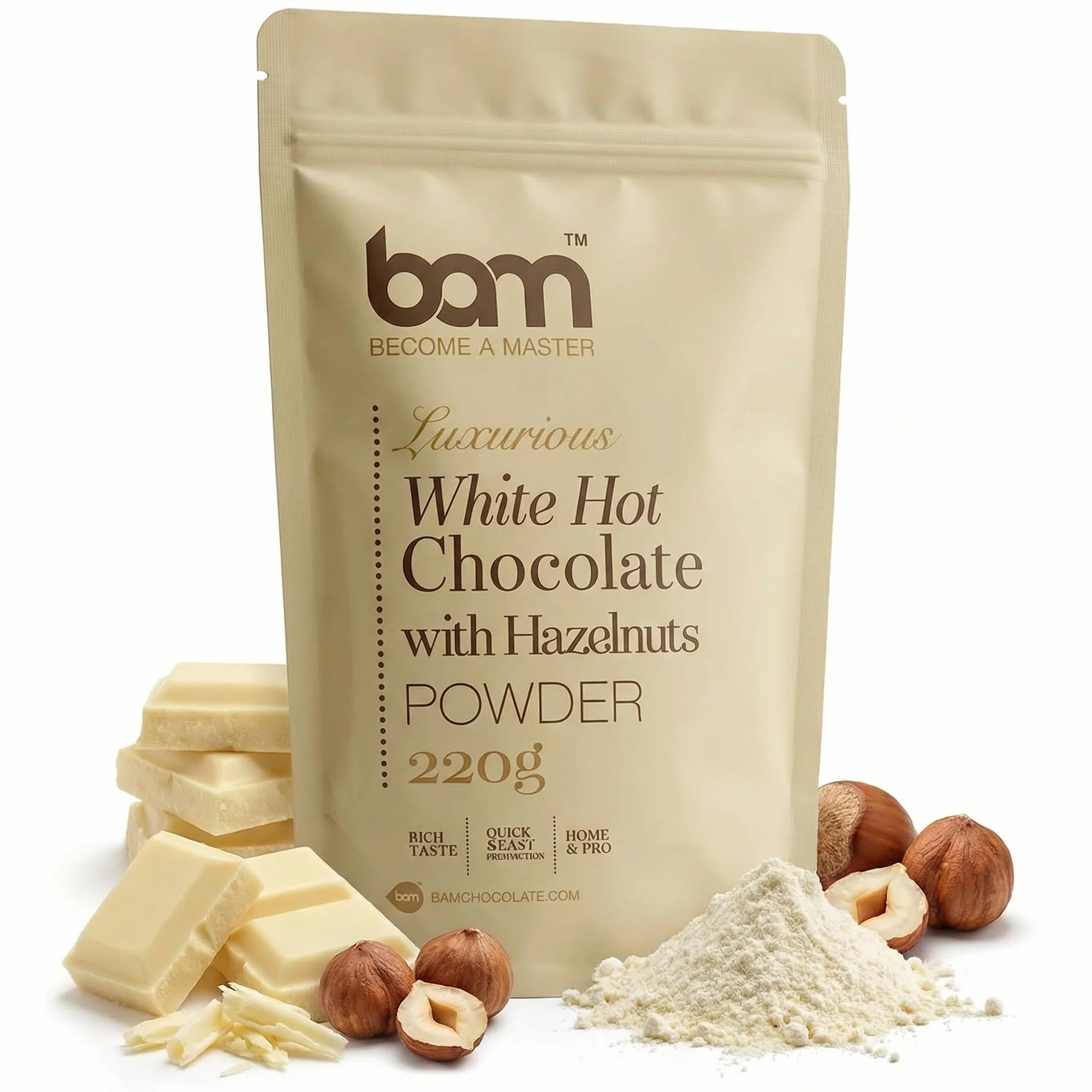 BAM Chocolate Blanco a la Taza con Avellanas, 220 g – Chocolate Caliente en Polvo – Preparado para Bebida Suave y Cremosa con Cuchara Medidora
