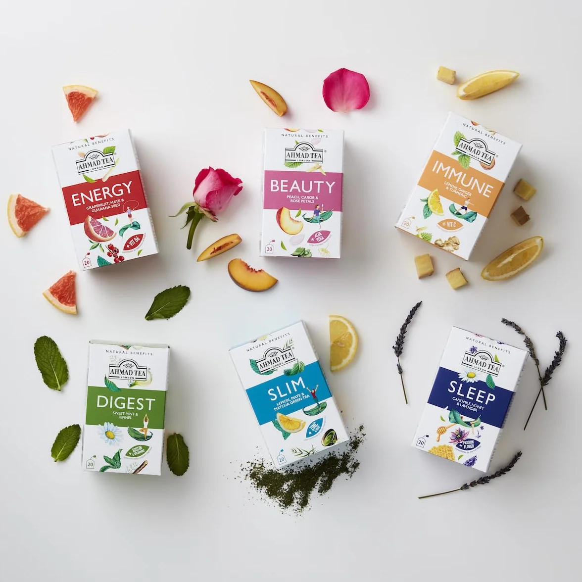 Ahmad Tea Paquete de selección de té funcional Natural Benefit | infusiones de té verde, frutas y hierbas, regalo perfecto para té de hierbas, 60 bolsitas de té | 6 mezclas