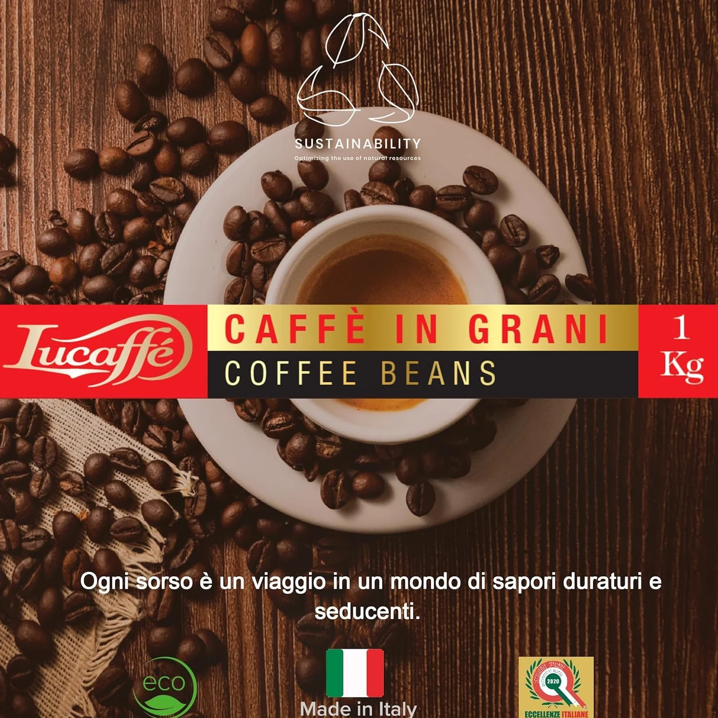 Lucaffé - Cafe en grano natural Mamma Lucia, 4 bolsas de 1 Kg | Café en grano de especialidad italiana para espresso | Tueste Ligero | Sabor Intenso y Cremoso