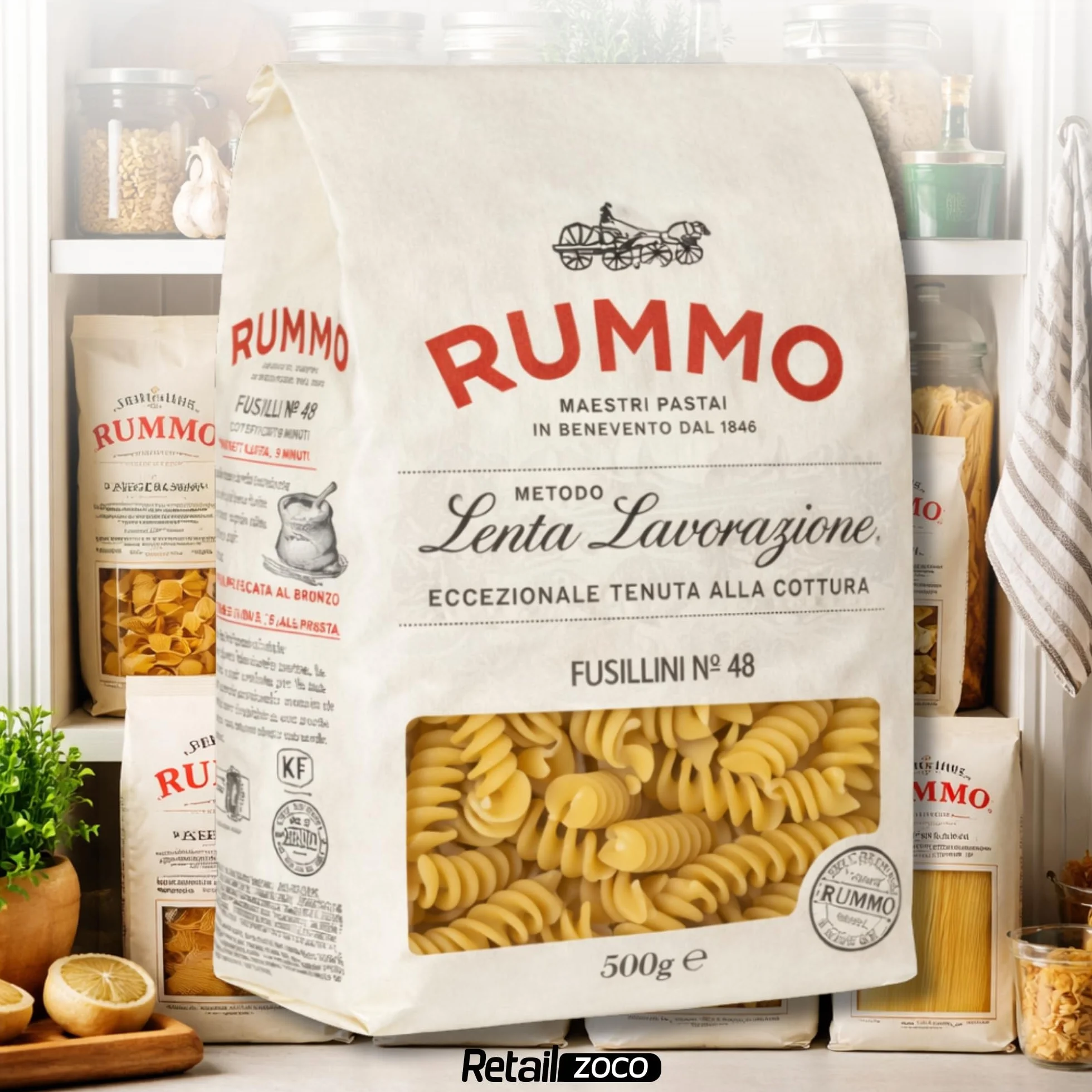 Pasta Rummo Fusilli Nº48 500g, Pasta Italiana, Pasta alimenticia de sémola de trigo duro, Contiene gluten, Puede contener trazas de soja, Tiempo de cocción 9 minutos, 1 Paquete de 500 gr