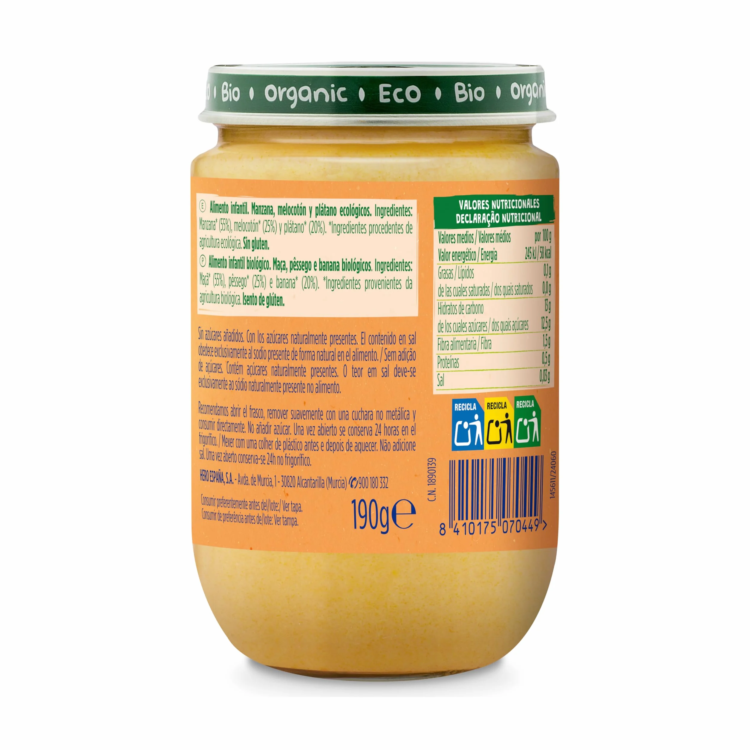 Hero Solo Bio Tarritos de Manzana, Melocotón y Plátano 100% Ecológico, con Ingredientes Naturales para bebés desde los 4 meses - Pack de 12 x 190 g