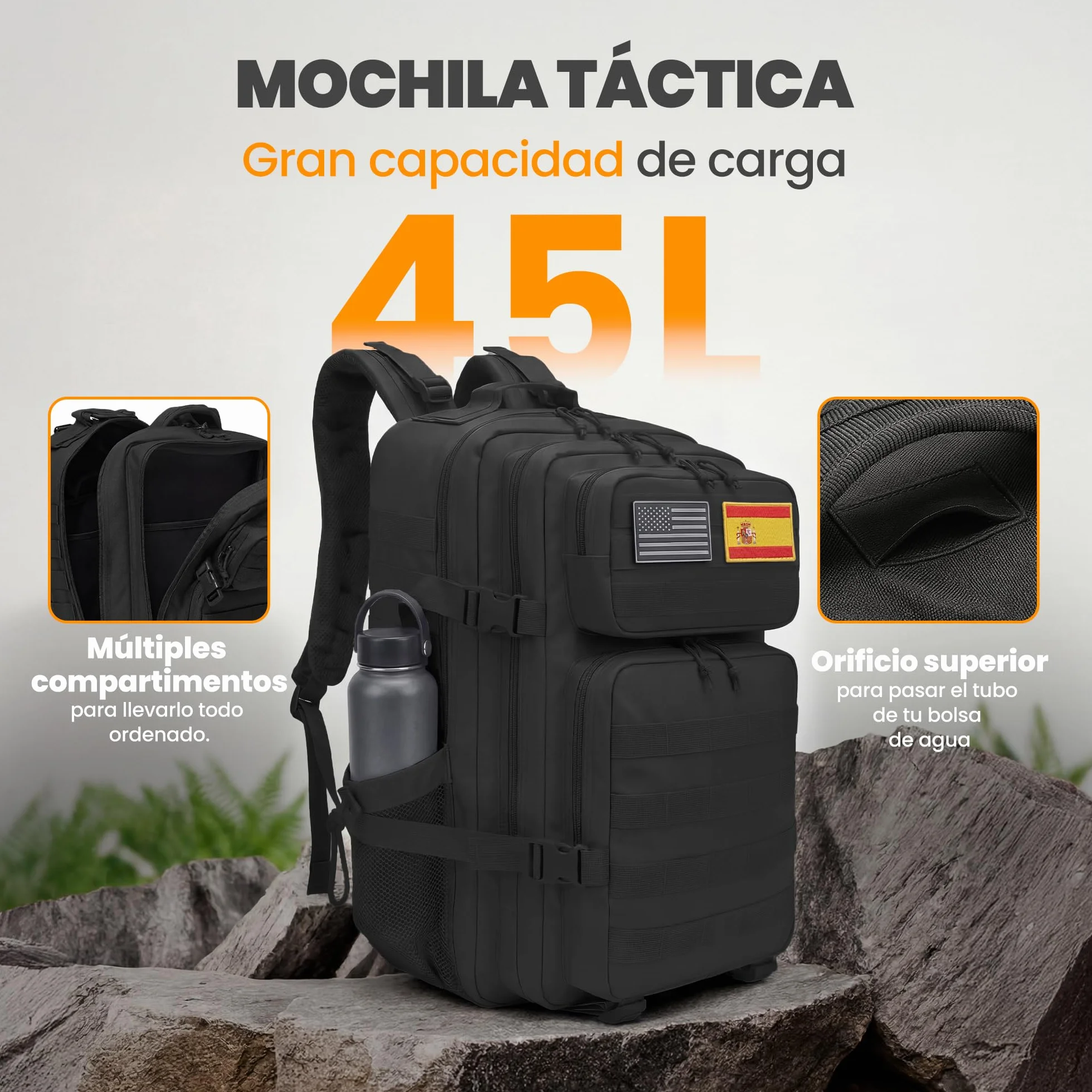 Mochila Táctica Militar 45L Sistema Molle Oxford 900D Negro para Caza Senderismo Viaje Crossfit