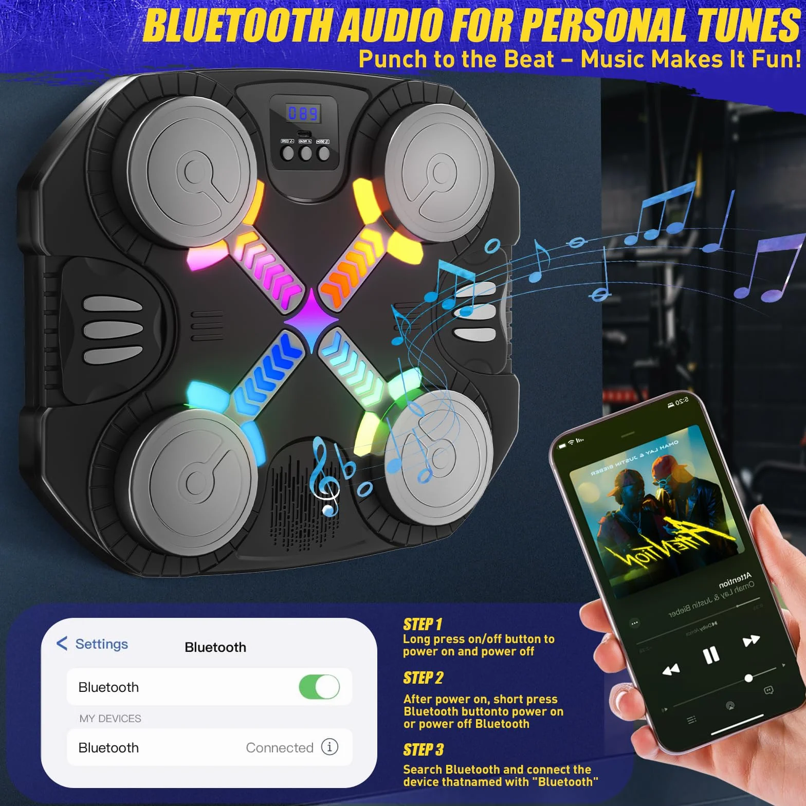 Máquina de Boxeo Musical para Niños, Bluetooth Montada en Pared con Guantes, Luces y Retroalimentación Sonora, 3-12 Años (Negro)
