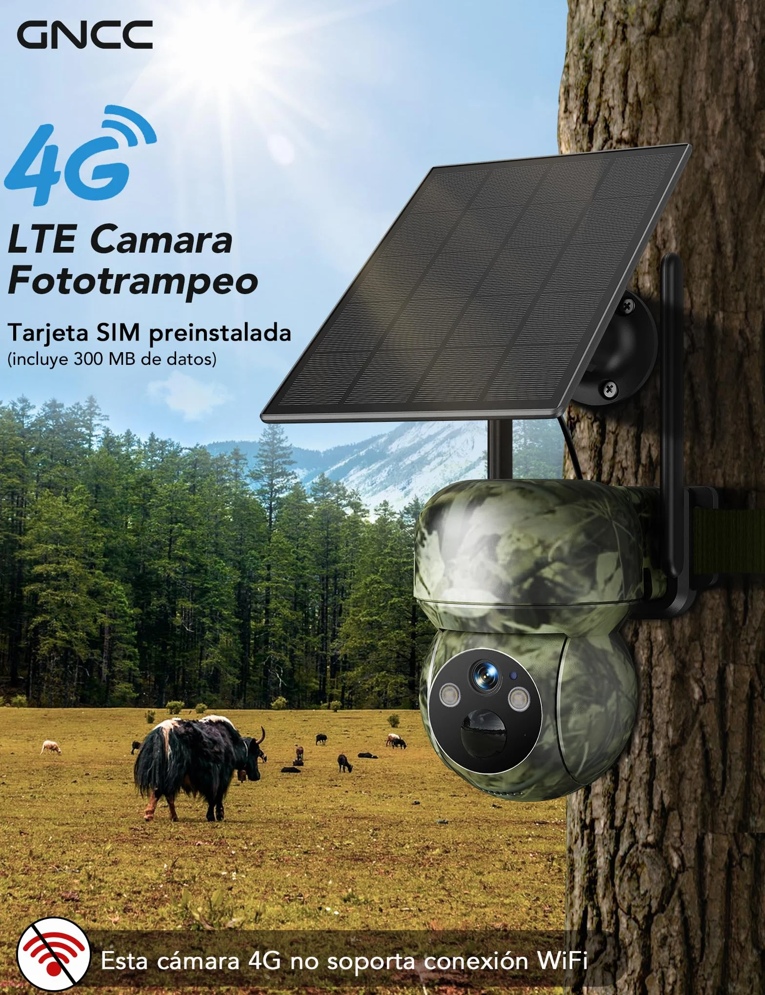GNCC 4G LTE Camara Fototrampeo de Caza 360°PTZ, 2K Cámara Vigilancia Solar con Tarjeta SIM, Visión Nocturna en Color/Infrarrojos, Audio Bidireccional, IP65 Impermeable, para Caza y Monitoreo Remoto