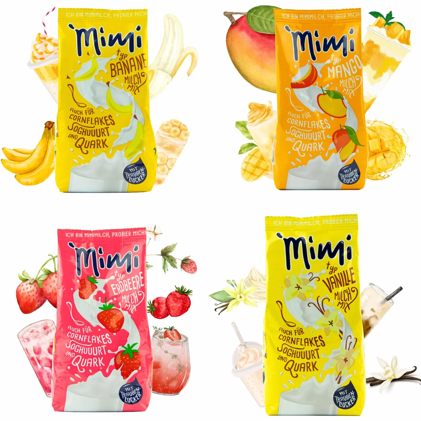 Mimi - Pack de 8 mezclas de leche en polvo (2 paquetes de 400 g cada uno), diseño de plátano, fresa, mango y vainilla, ideal para el tiempo libre, la escuela o para llevar para cualquier excursión