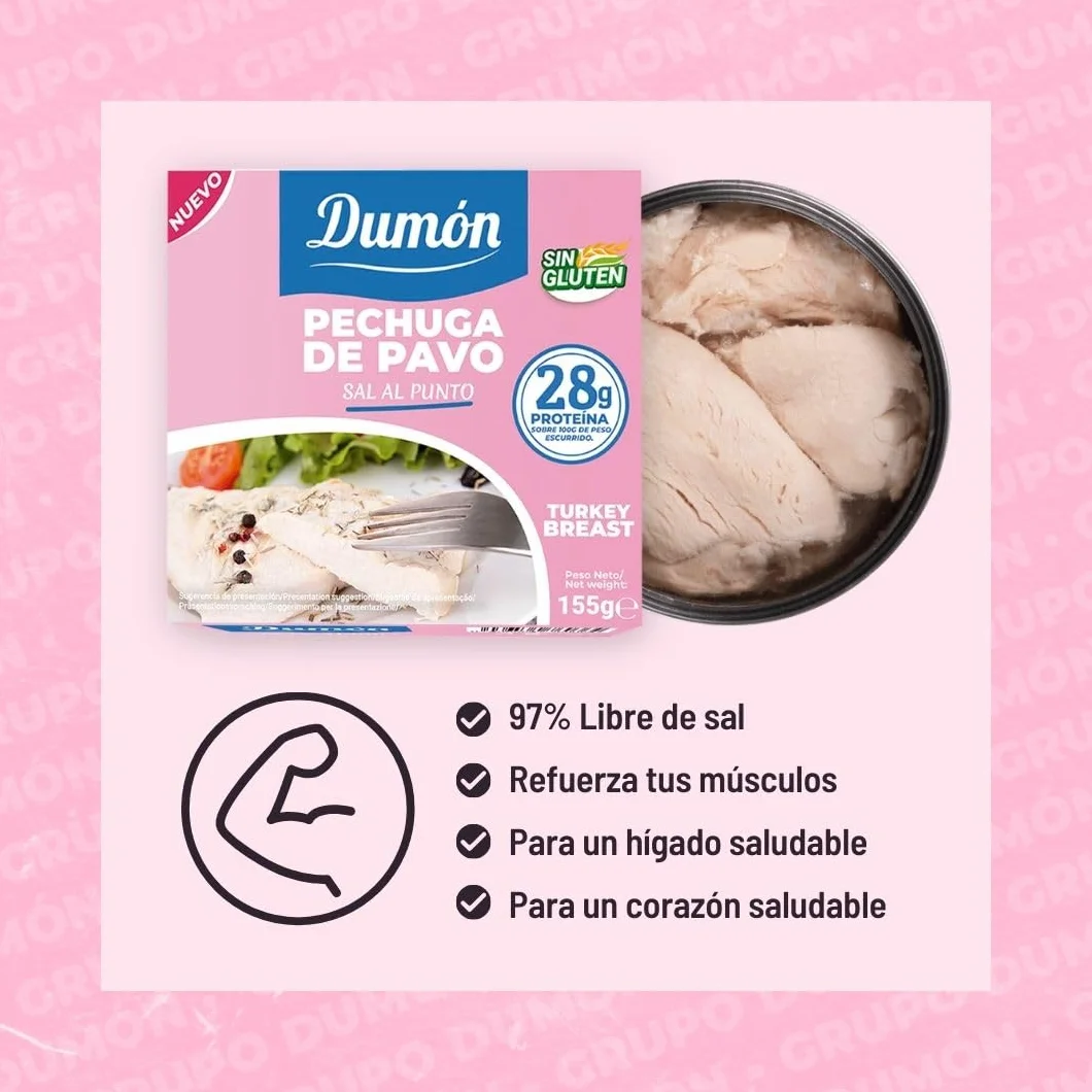 DUMON Conserva Pechuga de Pavo al Natural, 12x155g, 28g Proteína, Sin Gluten