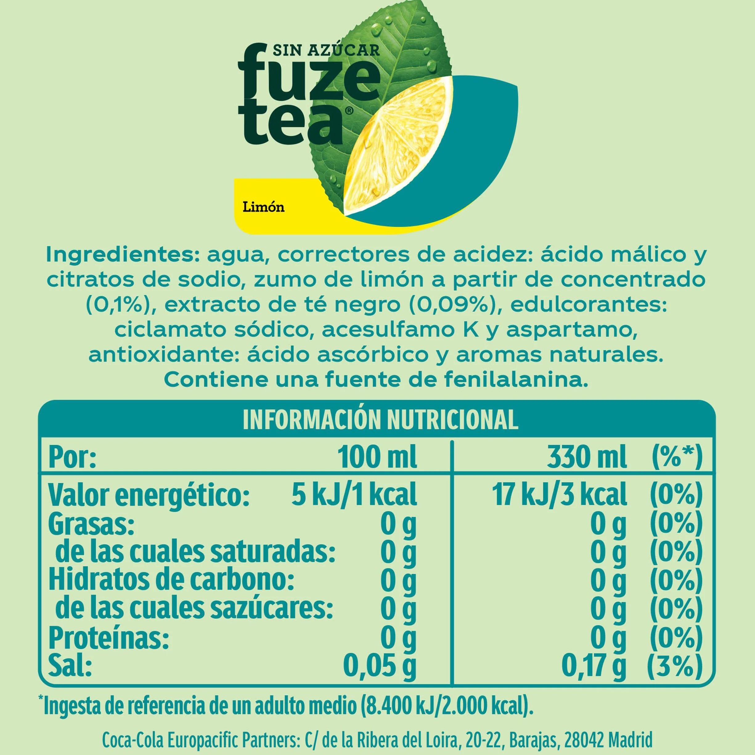 Fuze Tea Original, Sabor Limón Zero Azúcar, Latas de 330 ml, Pack 24