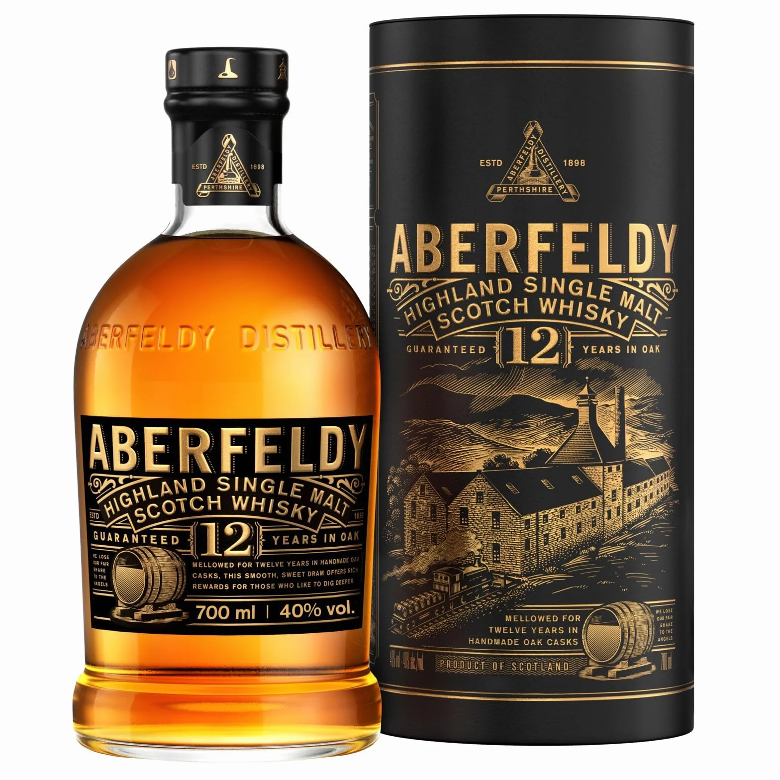 Scotch Whisky Single Malt Aberfeldy 12 Year Old, 40 % vol., 70 cl / 700 ml, whisky premium añejado en cuatro tipos de barricas distintas