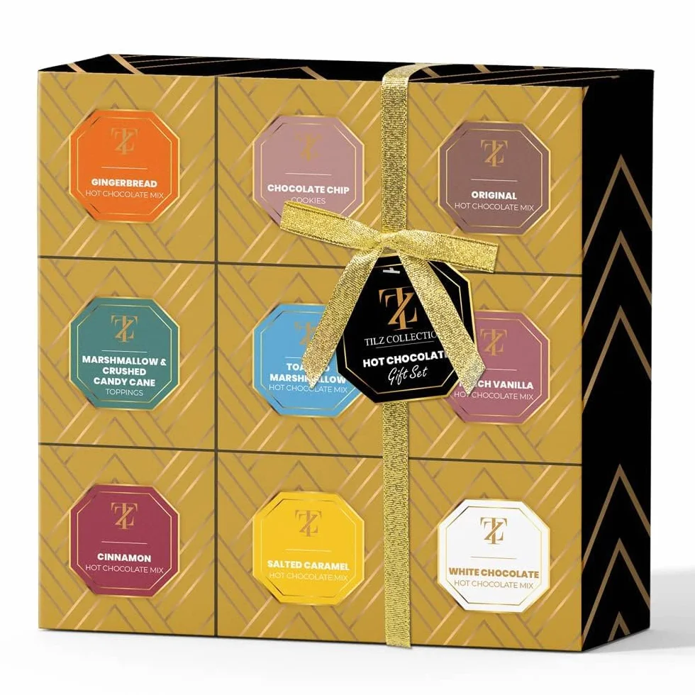 Set de regalo de chocolate caliente: bebidas de chocolate caliente con sabores variados, selección de malvaviscos tostados, avellanas, pan de jengibre, vainilla salada, canela, chocolate blanco
