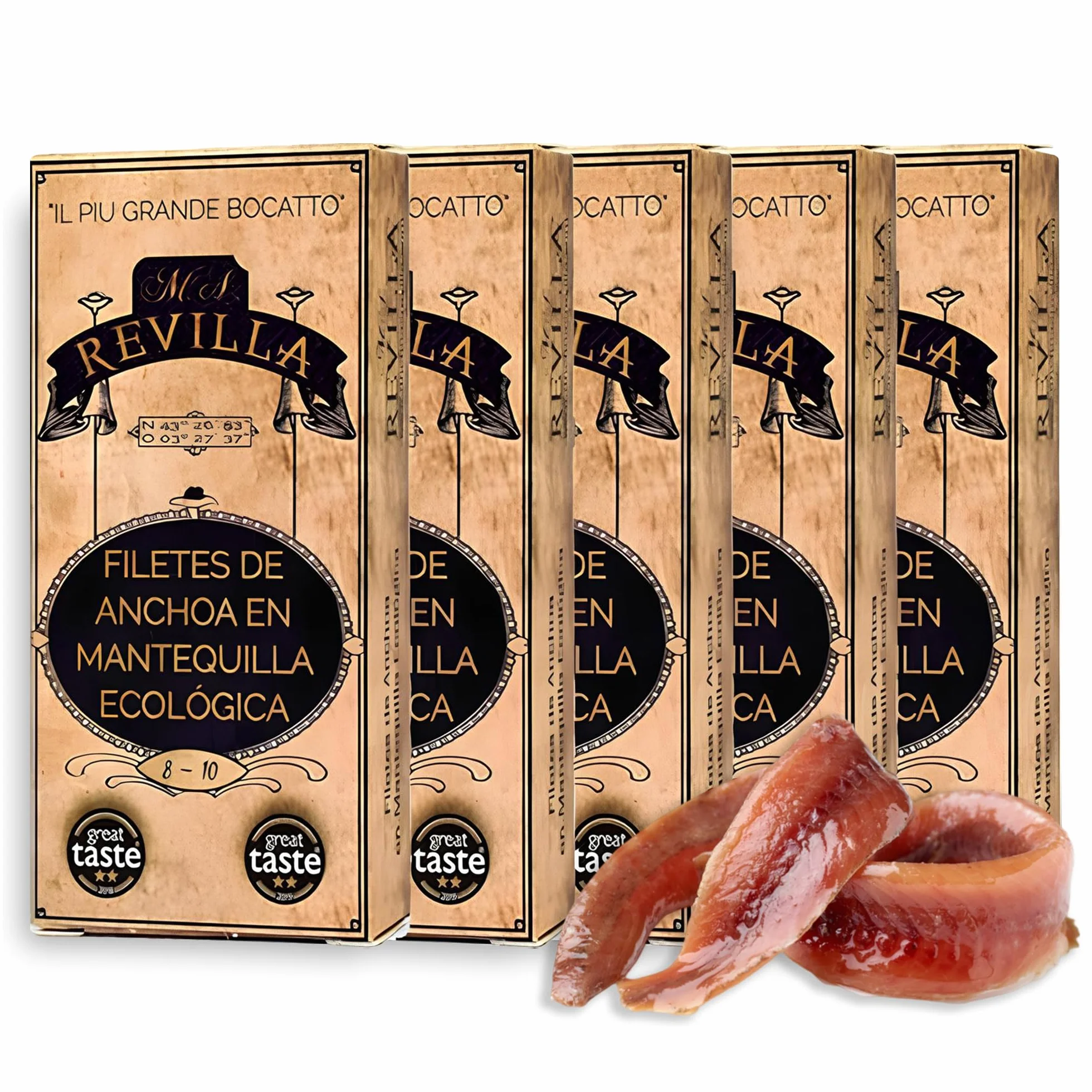 Anchoas Revilla® Anchoas de Santoña en Mantequilla Ecológica I Pack 5 Octavillas (50gr./8-10 lomos) (250gr./40-50 lomos) Anchoas del Cantábrico Gourmet I Conservas y Salazones Gourmet.