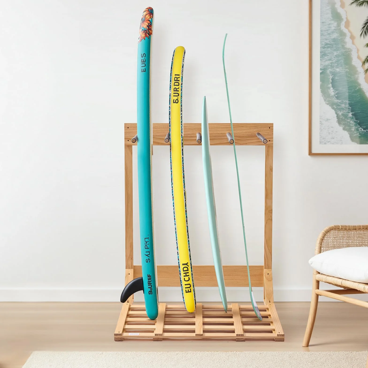 VEVOR Soporte Vertical para Tablas de Surf, Estante de Madera de 4 Niveles para Almacenamiento y Exhibición