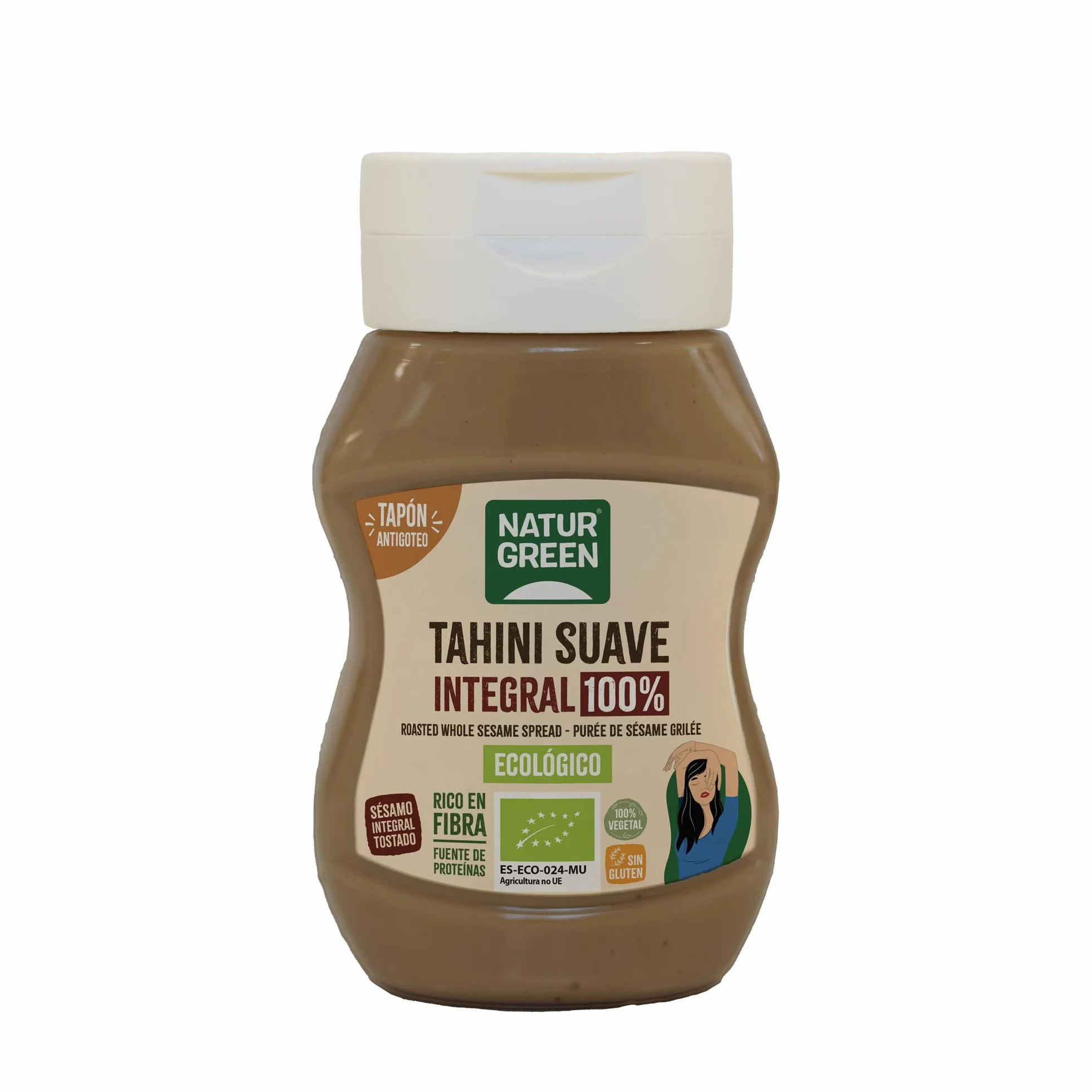 NaturGreen - Tahini Suave Integral Bio, 270 g, Tapón Antigoteo, Puré de Sésamo 100% Ecológico, Textura Cremosa, Rico en Fibra, Sin Gluten ni Azúcares, Fuente de Proteínas, Recetas Saludables