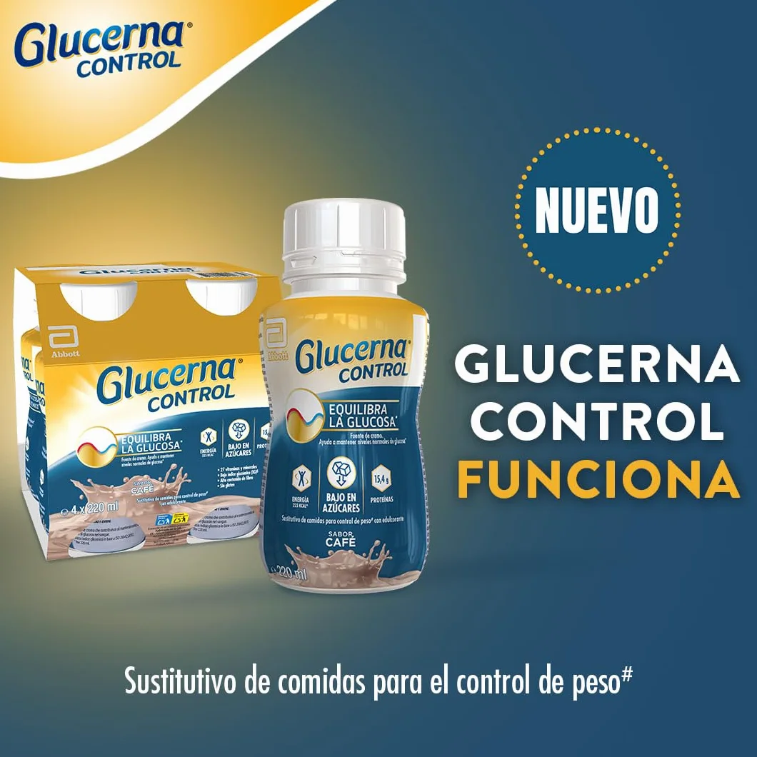 Glucerna Control sabor café, sustitutivo de comidas listo para tomar, equilibrio de glucosa gracias al cromo, pack 8x220ml