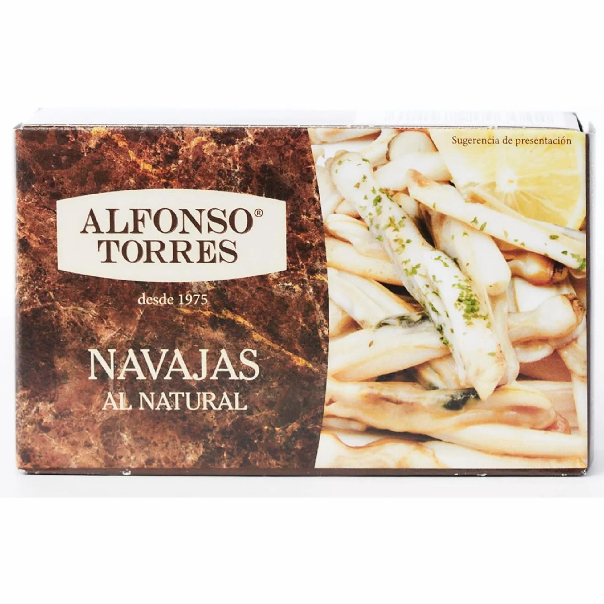 Navajas al natural. Peso Neto 111 gramos. Peso Escurrido 63 gramos. Categoría Gourmet. Con ingredientes 100% Naturales: Navajas, Agua y Sal. Alfonso Torres.