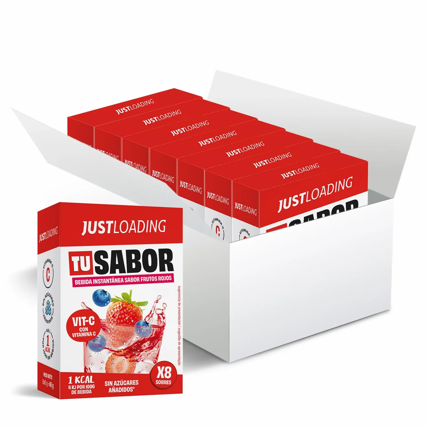 JustLoading saborizante de agua sin azúcares añadidos sabor frutos rojos - Monodosis = 1 litro de bebida - Sólo 1 kcal/vaso- Con Vitamina C - Sin gluten - Polvos para saborizar 56 l de agua (56x6g)