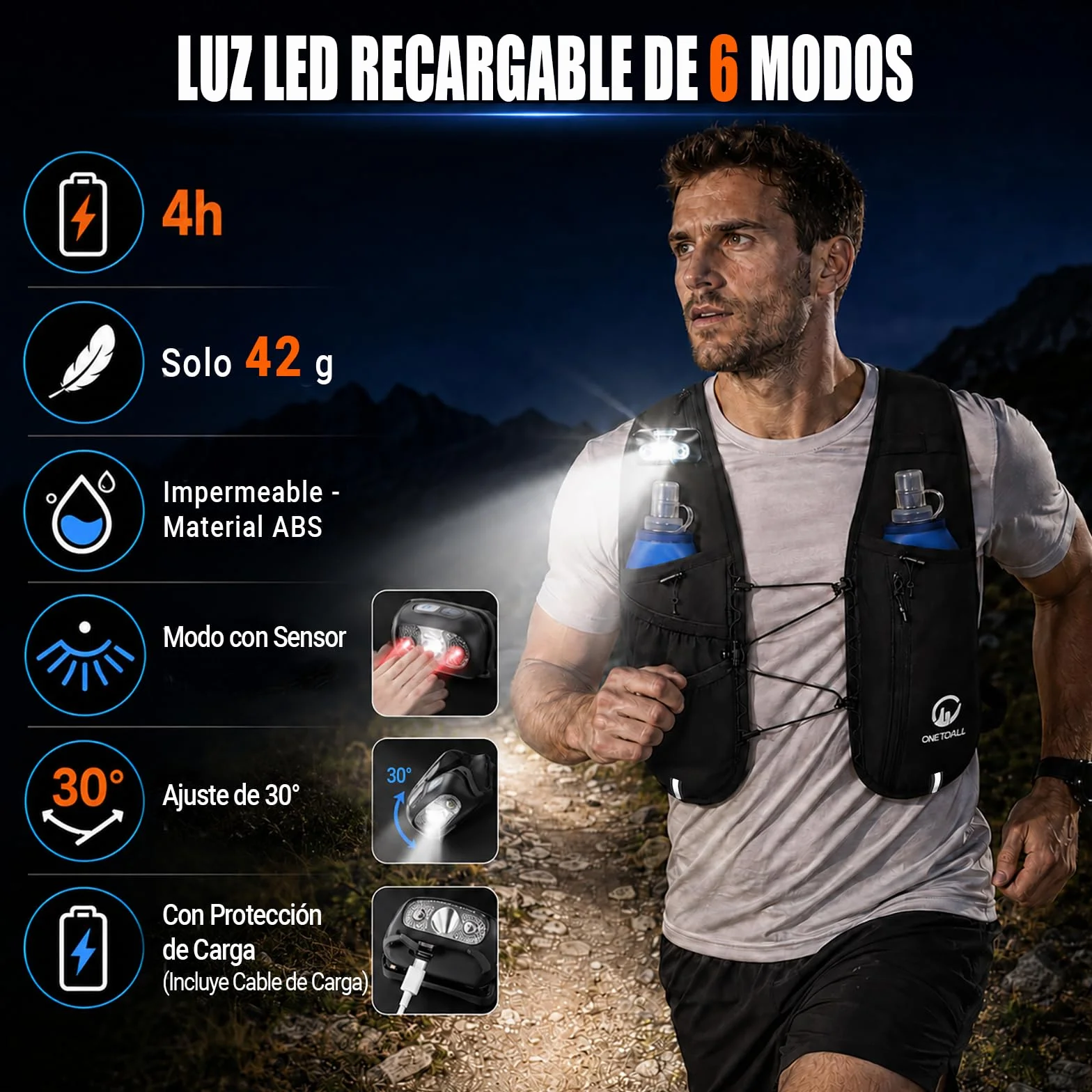 Chaleco Hidratacion Trail Running para Hombre Mujer con 2× Soft Flask 500ml y Luz LED Recargable Ultraligero