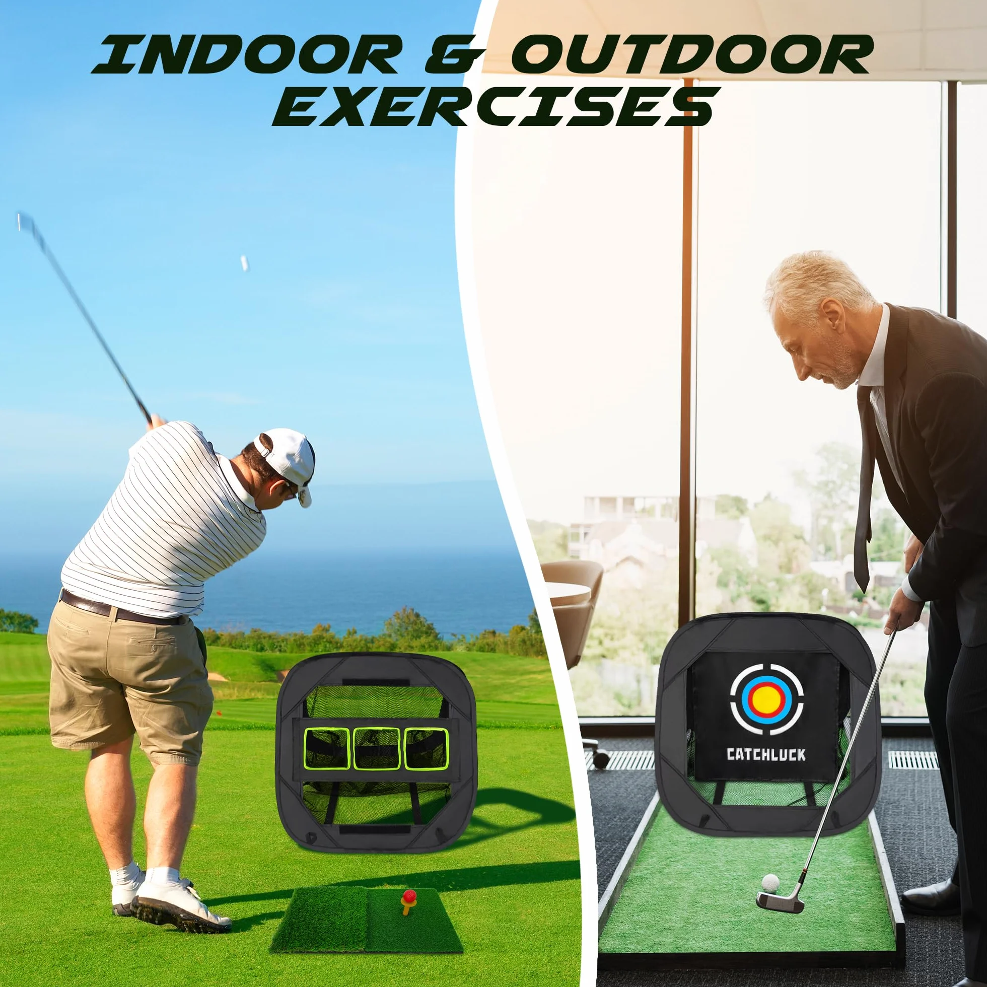Red de práctica de astillado de golf, equipo de entrenamiento para interiores y exteriores, con alfombrilla de golpeo y 12 pelotas de golf de espuma, negro