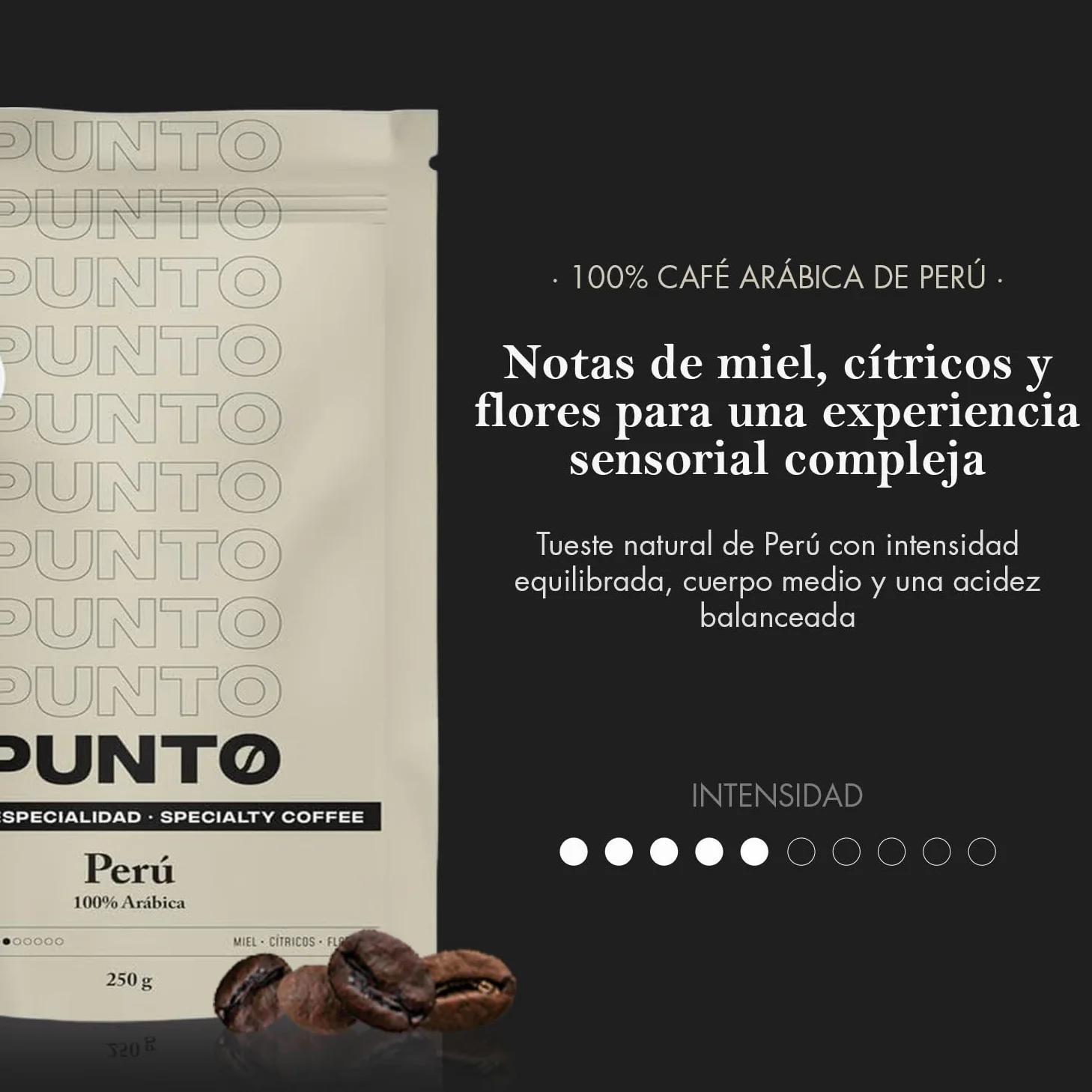 PUNTO - Pack Cafe de Especialidad en Grano 4x250g - Punto BLEND + Perú + Etiopía + Colombia - 100% Arabica - Tueste y Cuerpo Medio - Intensidad 5-7/10