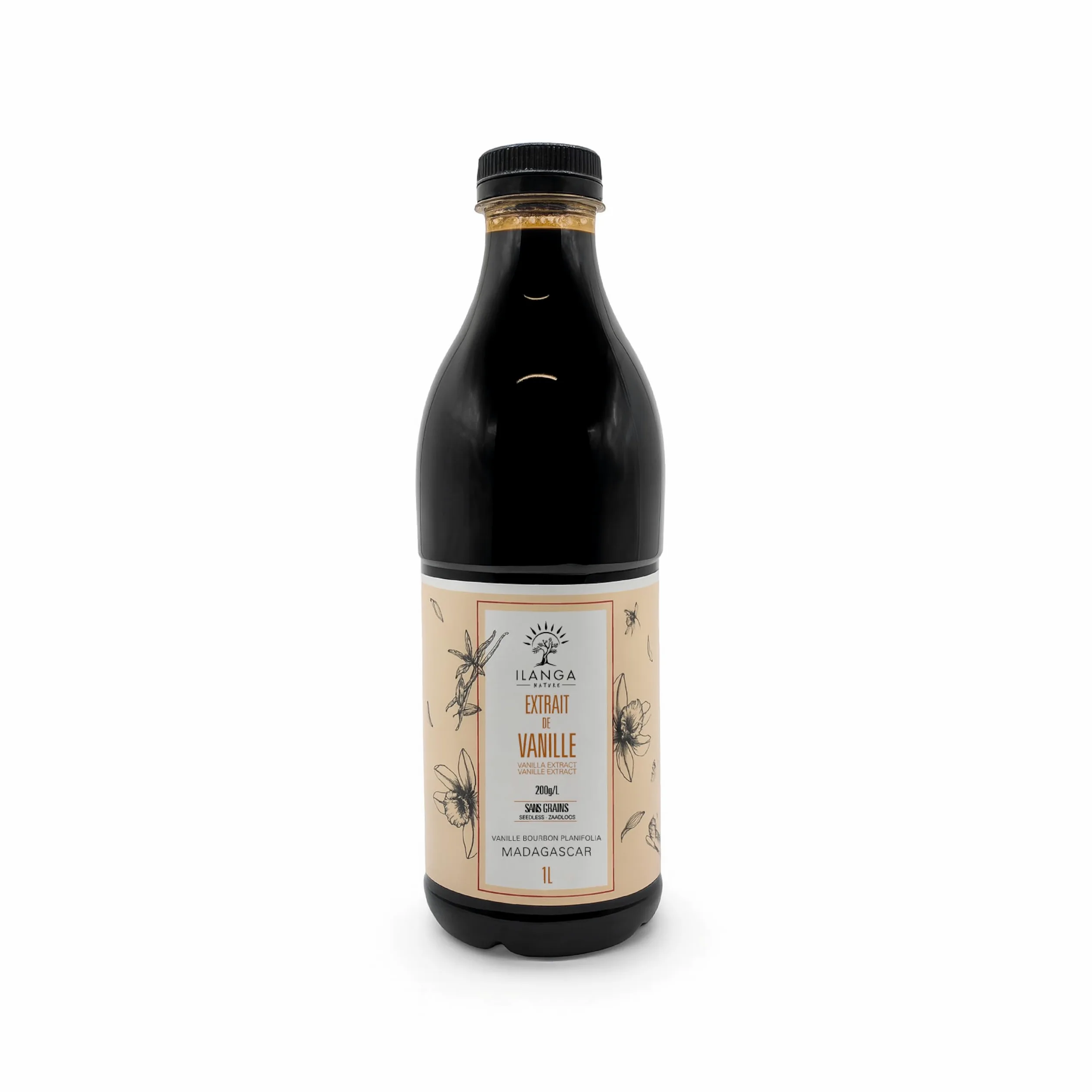 Ilanga Nature Extracto de vainilla Bourbon 1L, sin semillas (200 g/L), extracto natural de vainilla de Madagascar, ideal para repostería, postres, helados, café y bebidas