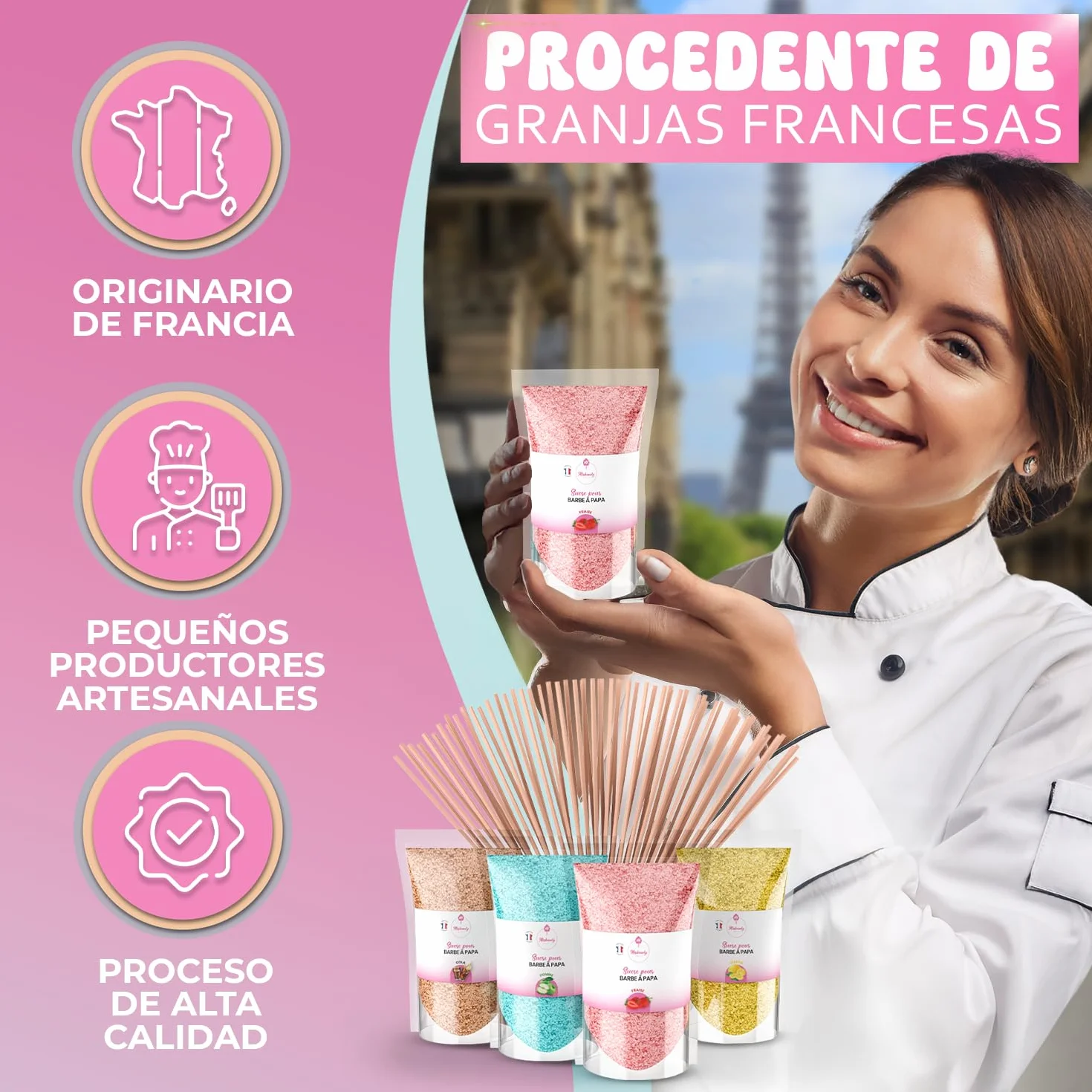 Misskandy® algodón de azúcar para máquina- Pack de 4 * 160Gr - (Sabores Naturales): Sabores: Fresa/Manzana/Cola/Limón + 50 palitos (gratis)