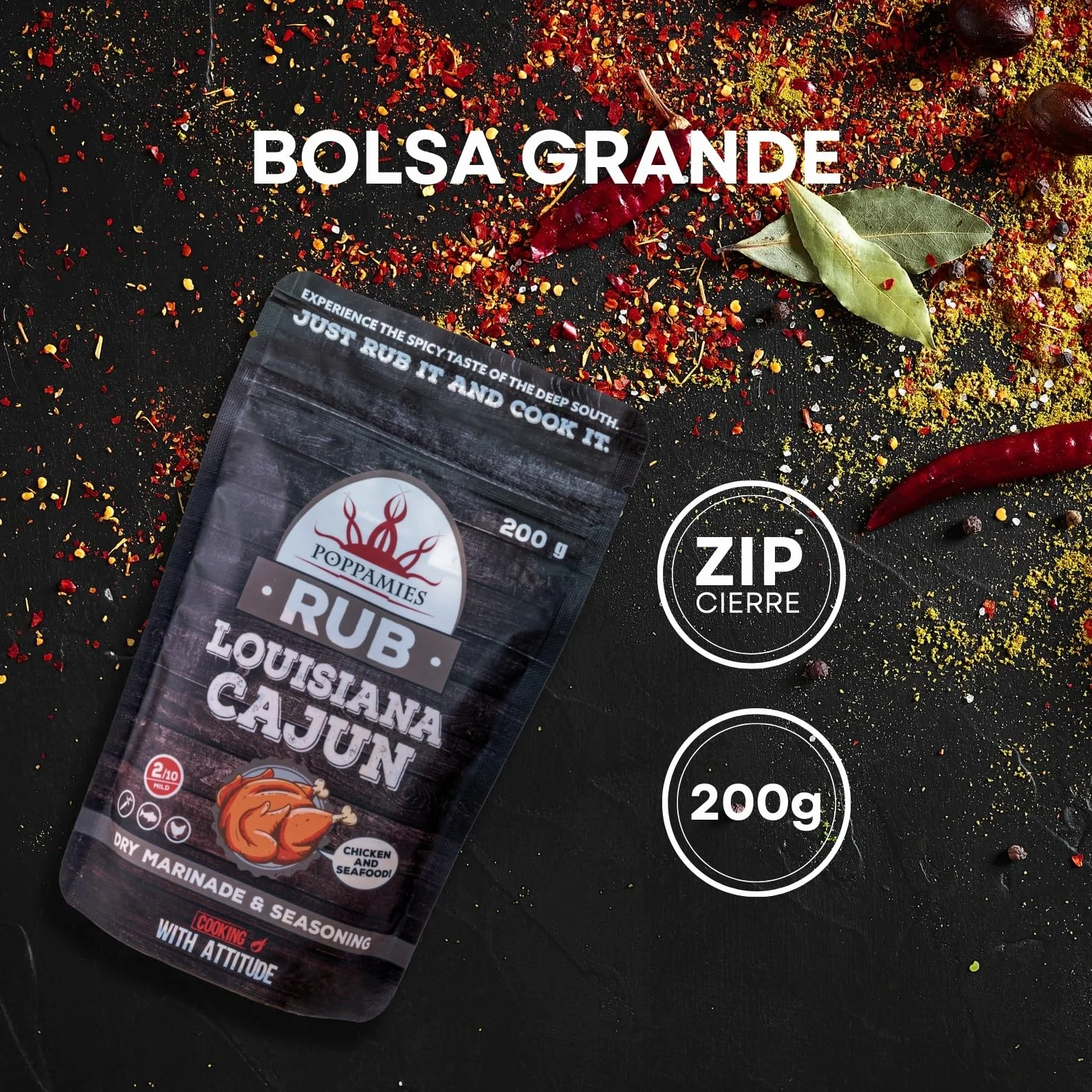 Poppamies Louisiana Sazonador Cajun - Adobo Seco y Condimento perfecto para Pescado, Verduras - Pollo, Ideal para parrilla - Paquete Grande (200 g)