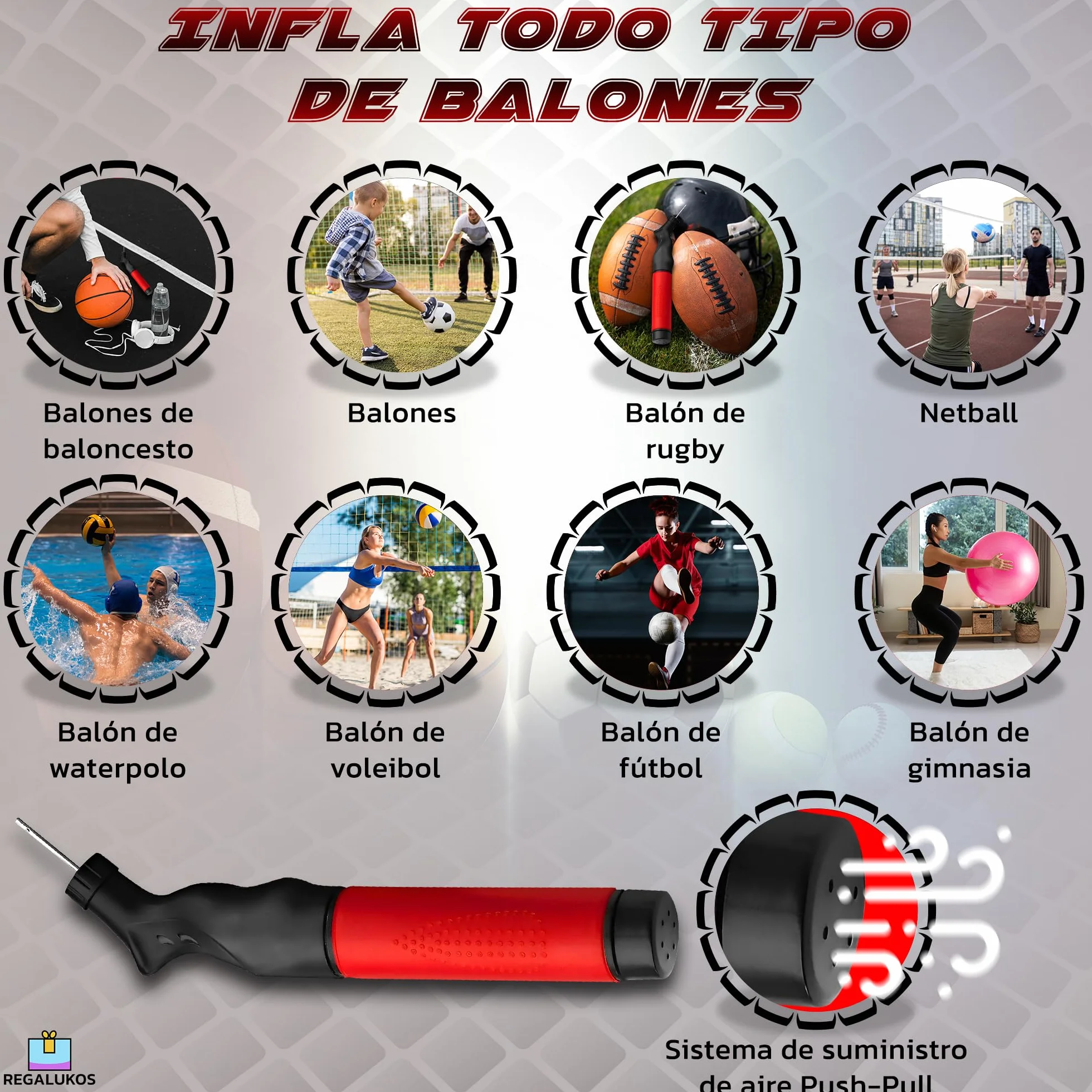 Inflador Balones con 5 Agujas y Bolsa Tela Negra para Guardar