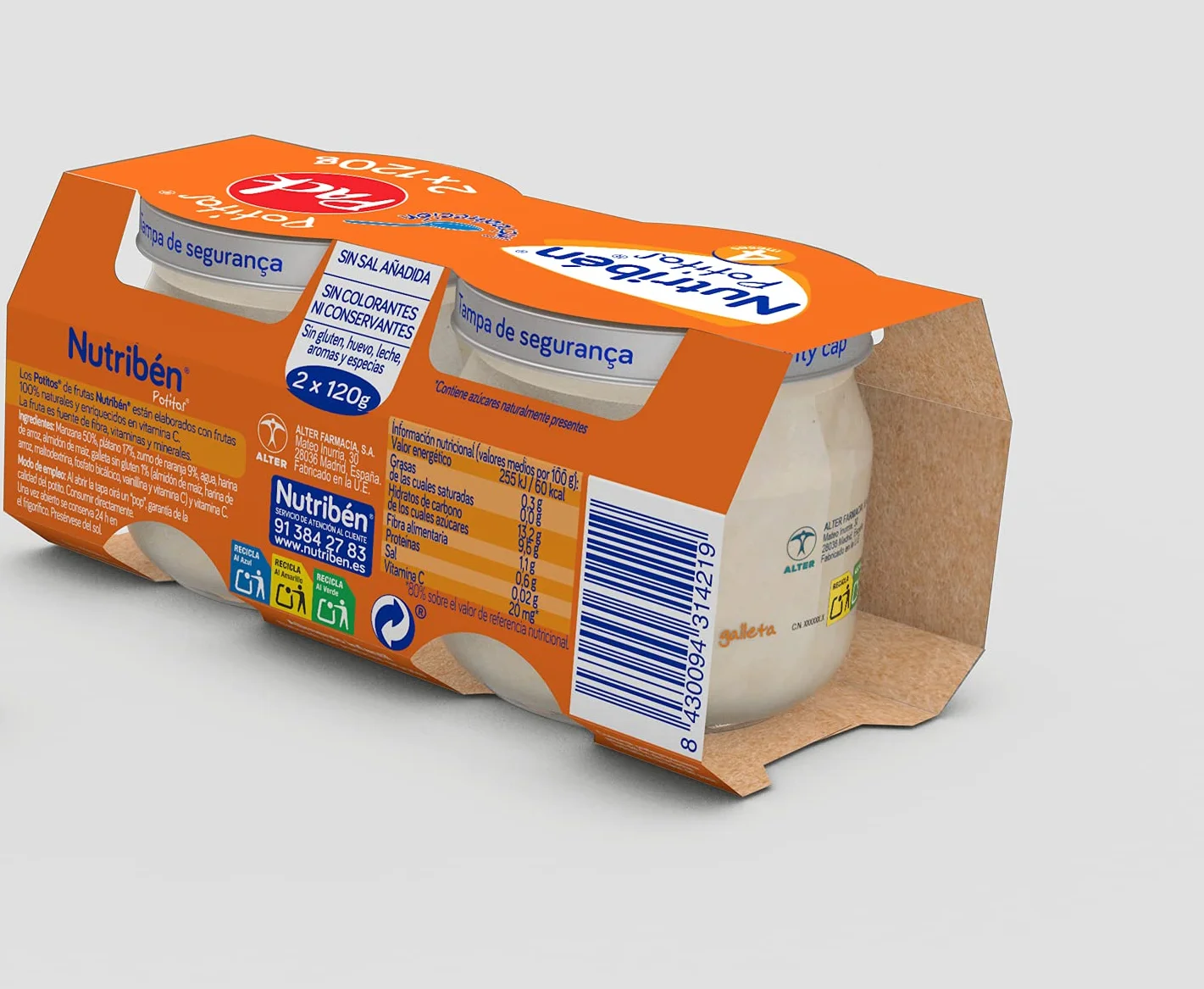 Nutribén Potitos Introducción A La Manzana, Naranja Y Plátano Con Galleta Desde Los 4 Meses, 3 Bipacks (6 X 120 Gr.)