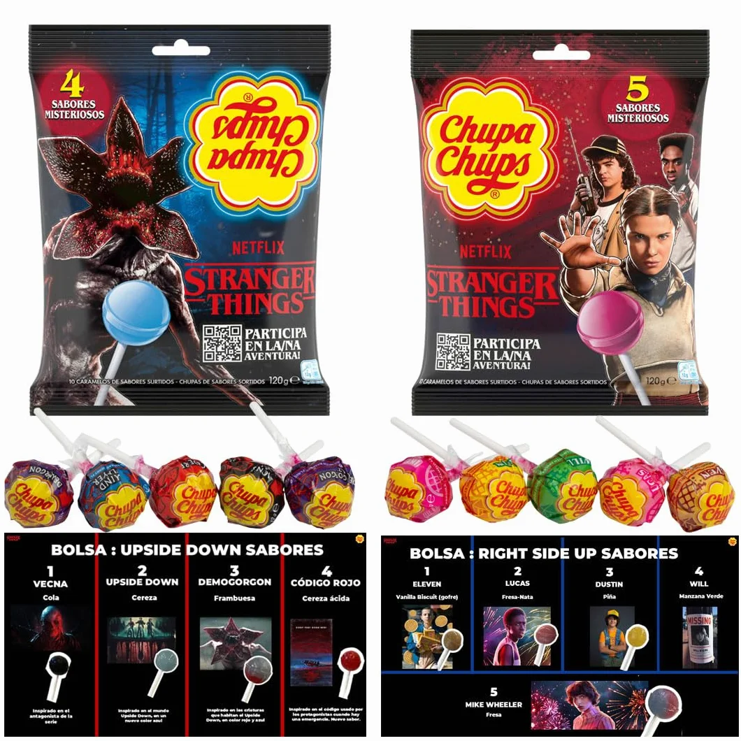 iChuches | Chupa Chups Stranger Things – Sabores Misteriosos Inspirados en los Personajes de la Serie | Edición Especial Surtida (20 uds) | Caramelos con Palo Coleccionables (Surtido 20 Unidades)