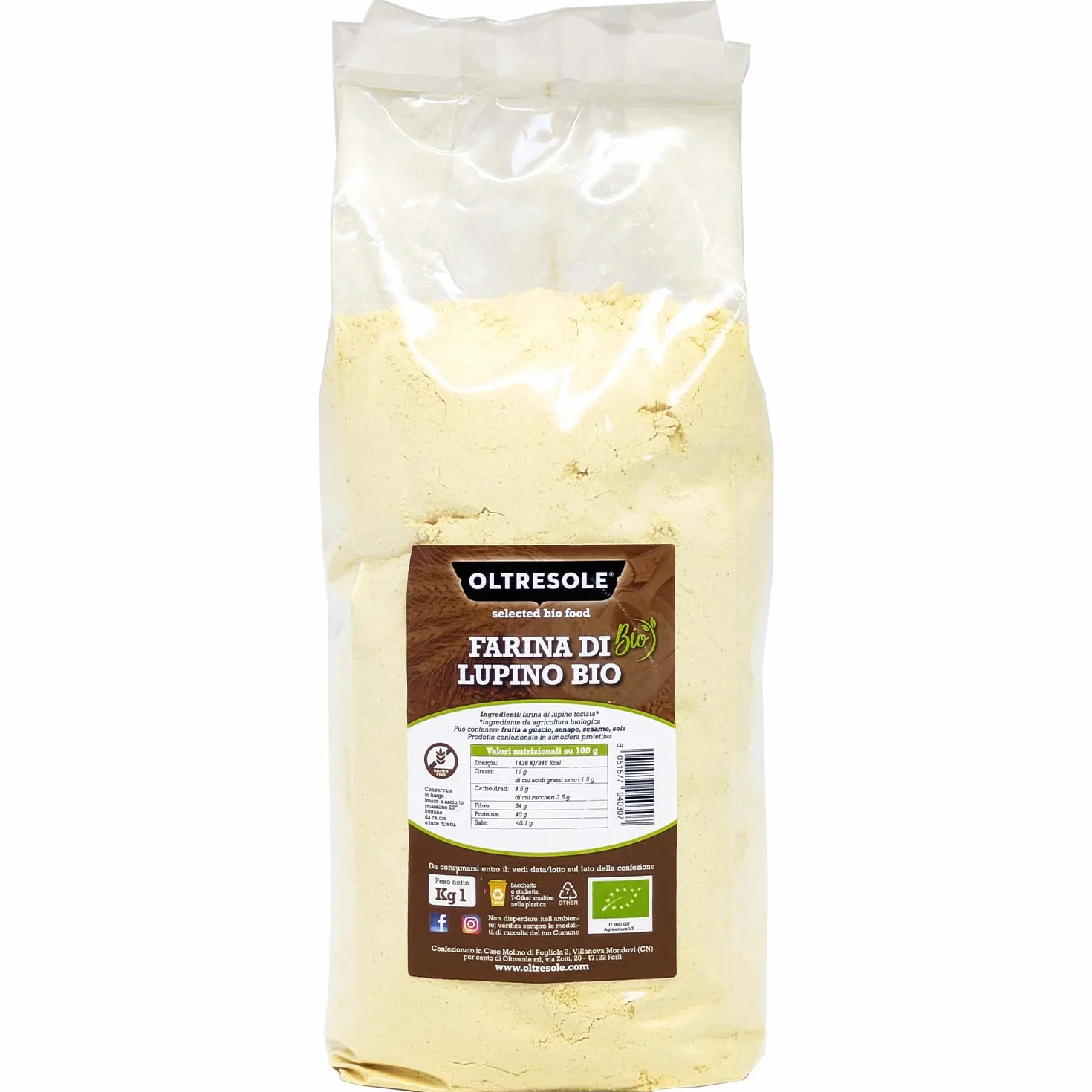 Oltresole Harina de Altramuz Ecológica 1 kg - Harina de Legumbre Ecológica Rica en Proteínas Baja en Carbohidratos