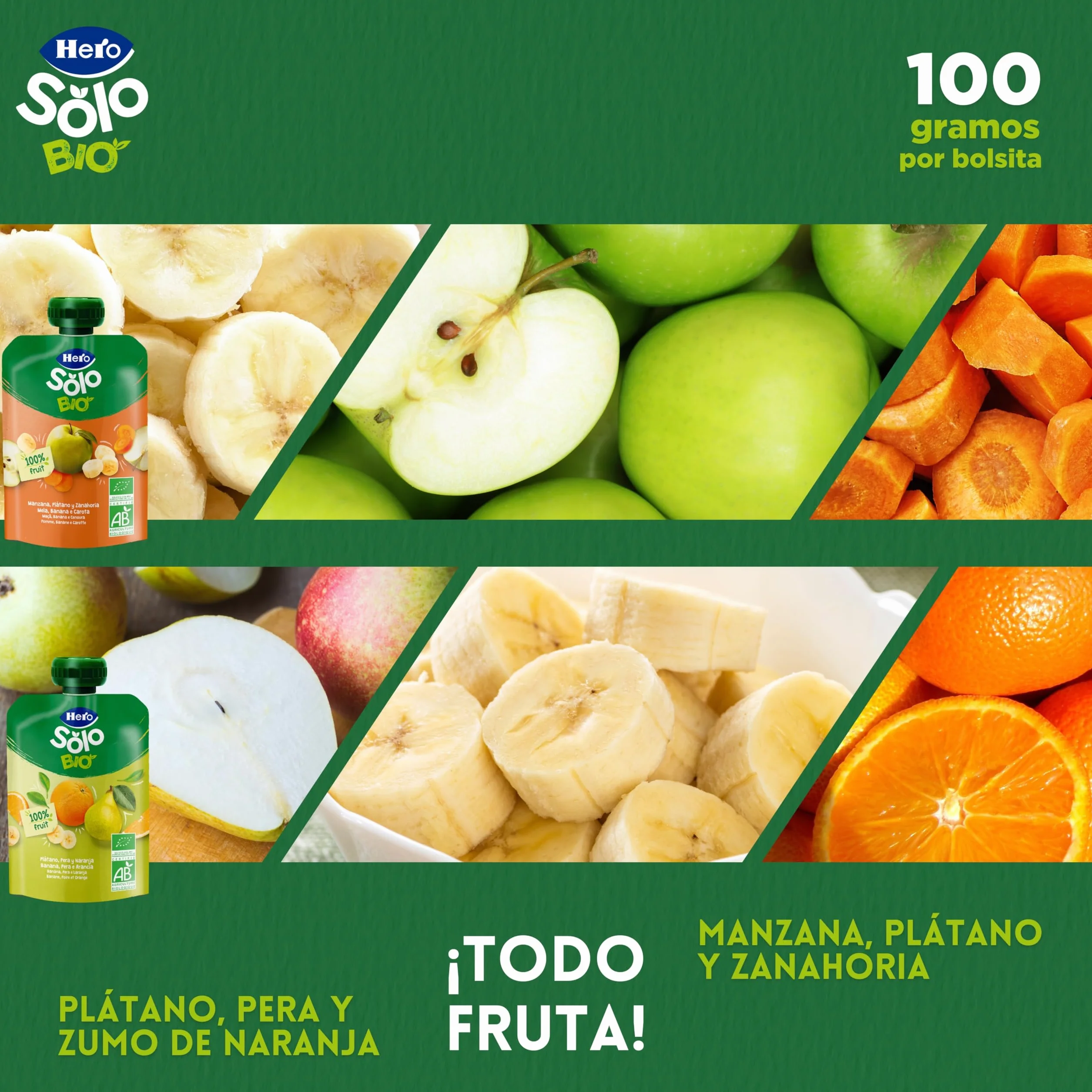 Hero Solo Caja Mixta de Bolsitas, 9 Bolsitas de Manzana, Plátano y Zanahoria y 9 Bolsitas de Plátano, Pera y Naranja, Sin Conservantes ni Colorantes, Partir de los 6 Meses, Pack de 18x100 gr