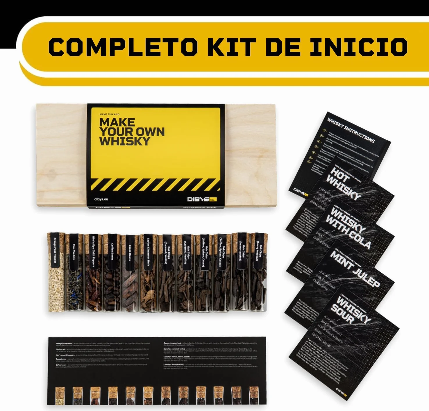 DIBYS Mini Kit Whisky para Regalar | 12 Especias para Cócteles | Con 4 Tarjetas de Recetas, Léxico y Elegante Caja | Set de Regalo para Hombres y Mujeres | Juego Hacer Whiskey Infusión en Casa
