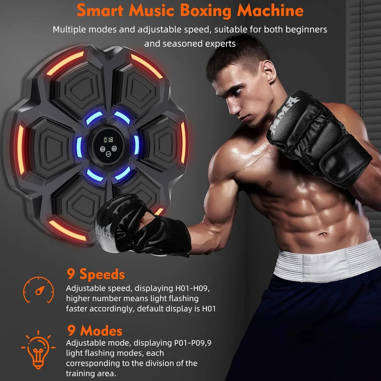 Maquina Boxeo Musical Pared 9 Modos 9 Velocidad Music Boxing Machine Adulto con Guantes Bluetooth Recuento Inteligente