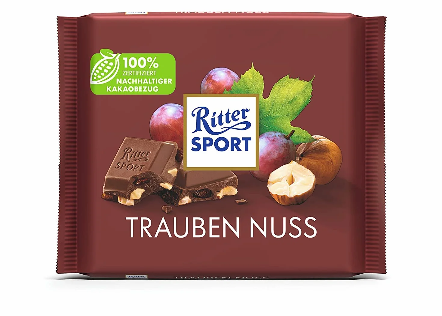 Nuevo diseño: RITTER SPORT uva nuez 100 g, chocolate con leche entera con uvas jugosas y nueces crujientes, chocolate de mesa con sabor a nuez afrutado