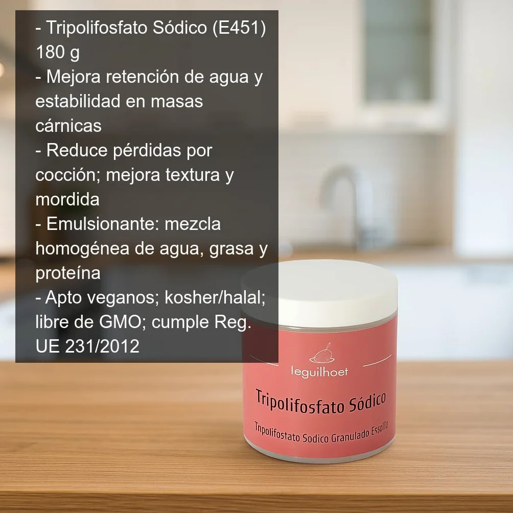 Tripolifosfato Sódico E451 180 g en bote Aditivo alimentario para embutidos salchichas fiambres y salmuera mejora emulsión retención de agua y textura