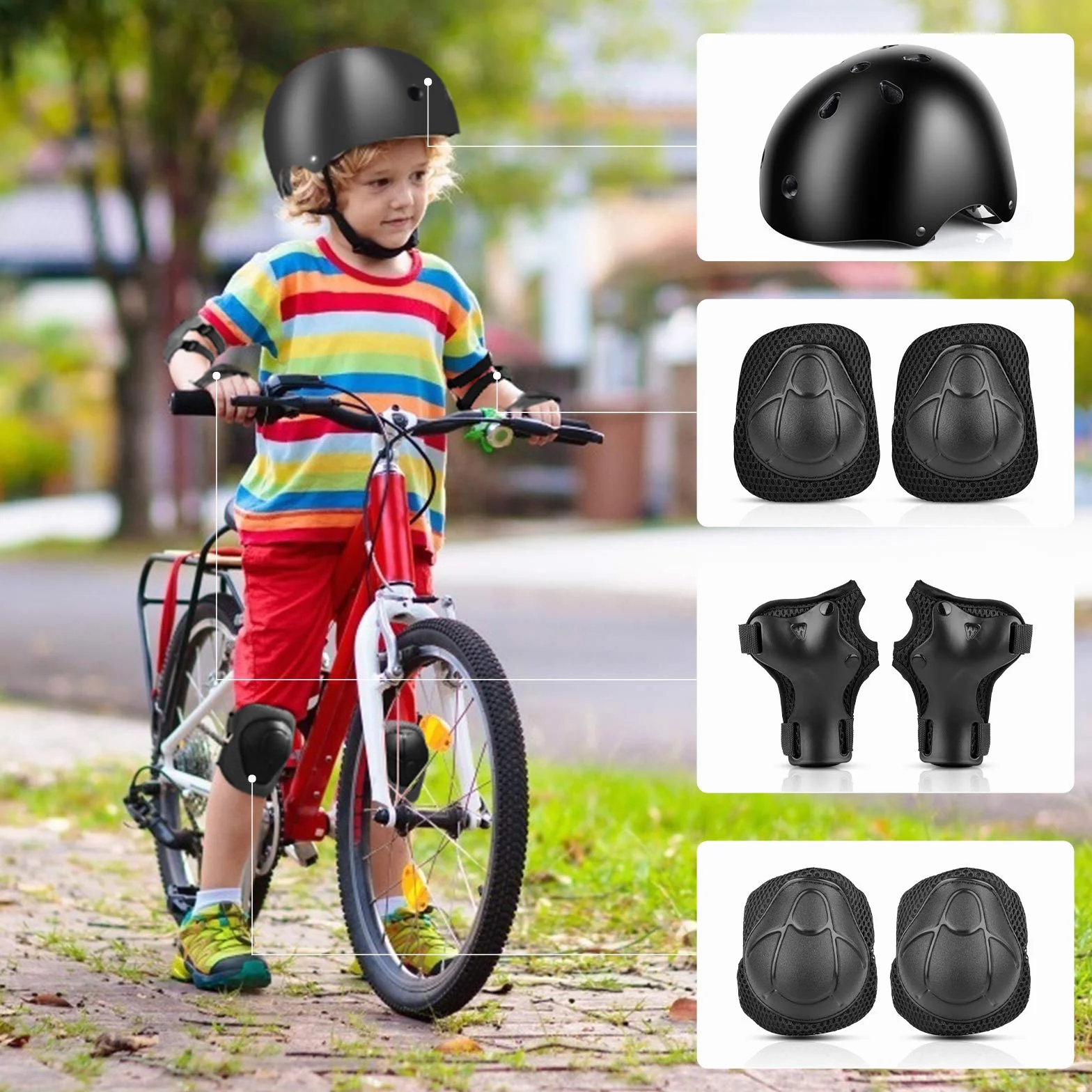 Casco y Protecciones Ajustable Infantiles Set Rodilleras Coderas para Bicicleta Scooter Ciclismo
