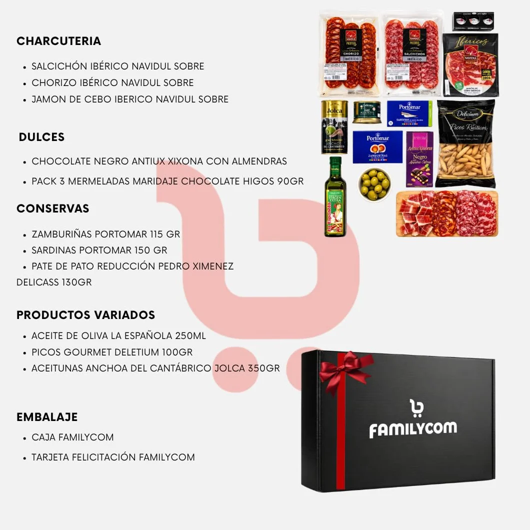 Cesta Gourmet para Regalar FAMILYCOM con Ibéricos, Aceite de Oliva, Chocolate, Jamón y Zamburiñas