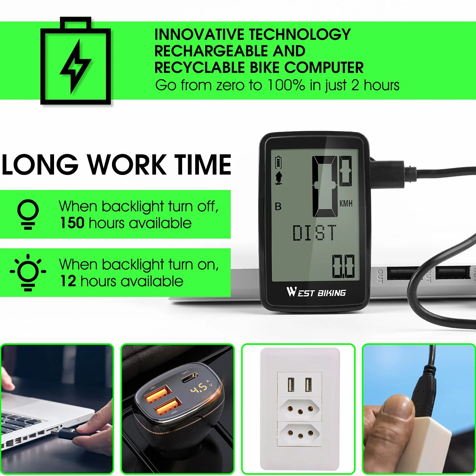 Cuenta Kilómetros Bicicleta Inalámbrico con Pantalla LCD IPX7 USB Carga Ciclocomputador