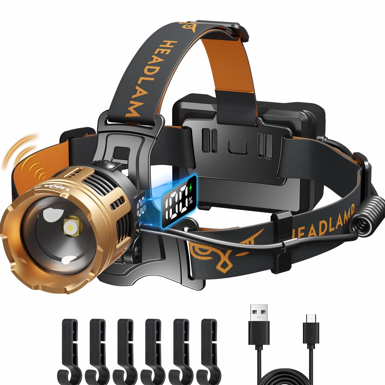 Linterna Frontal LED 100000LM Recargable 9000mAh IPX67 con Sensor de Movimiento