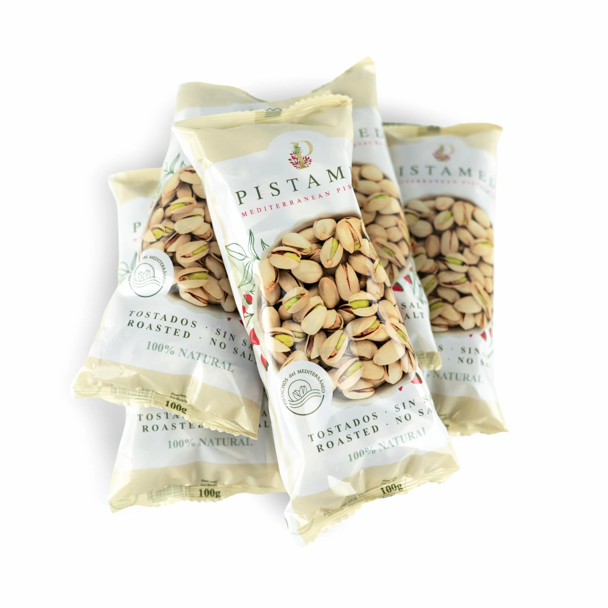 PISTAMED - Pistachos con Cáscara Sin Sal Tostados Artesanalmente - Alto Contenido en Fibra - Apto Veganos y Sin Gluten - Pack 10 x 100 g Formato Individual - Origen España - Snack Natural