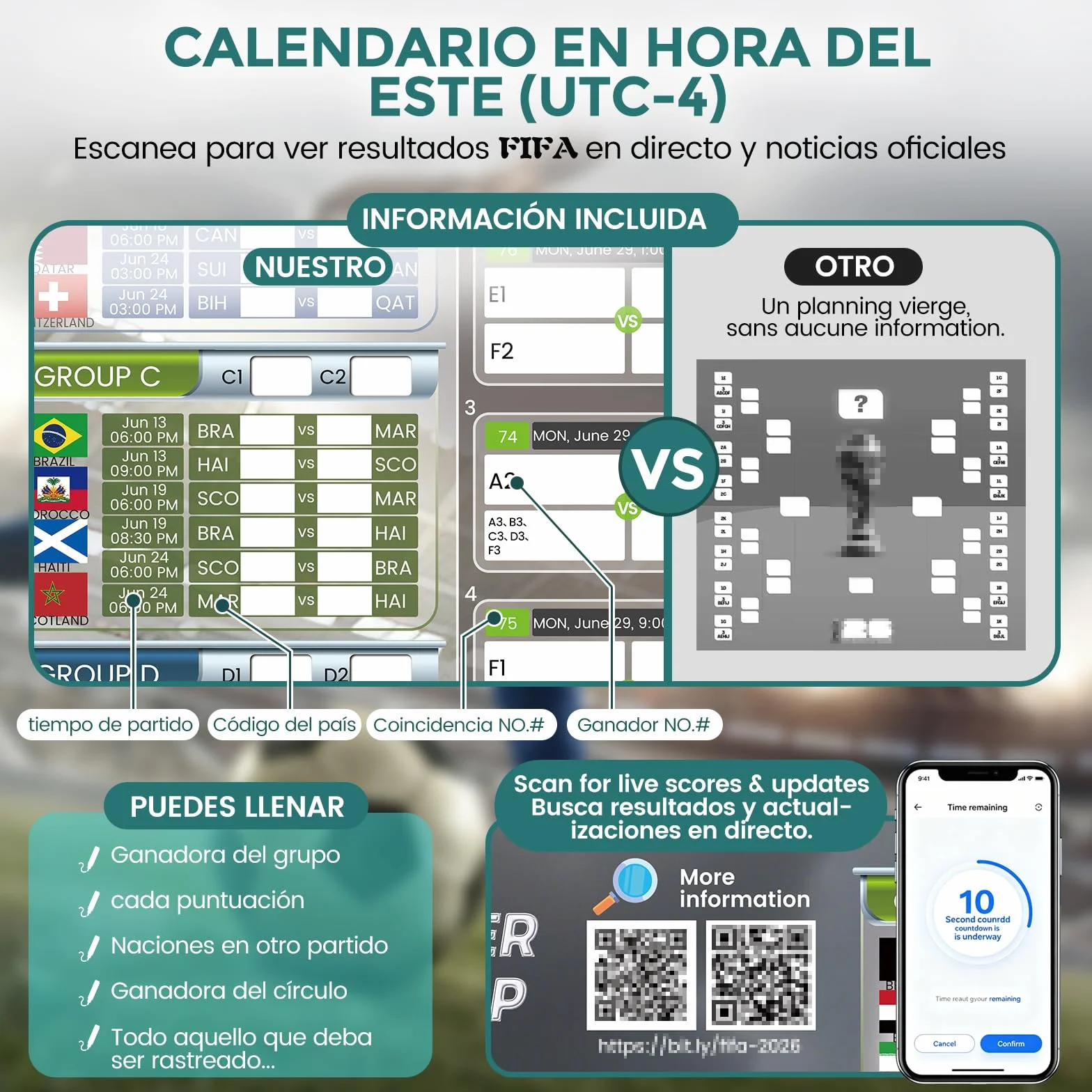 Póster Calendario Mundial 2026 Actualizado Código QR Resultados en Vivo 84.1x59.4 cm Formato Grande Letra Grande Regalo Día del Padre Hogar Bar Oficina UTC-4