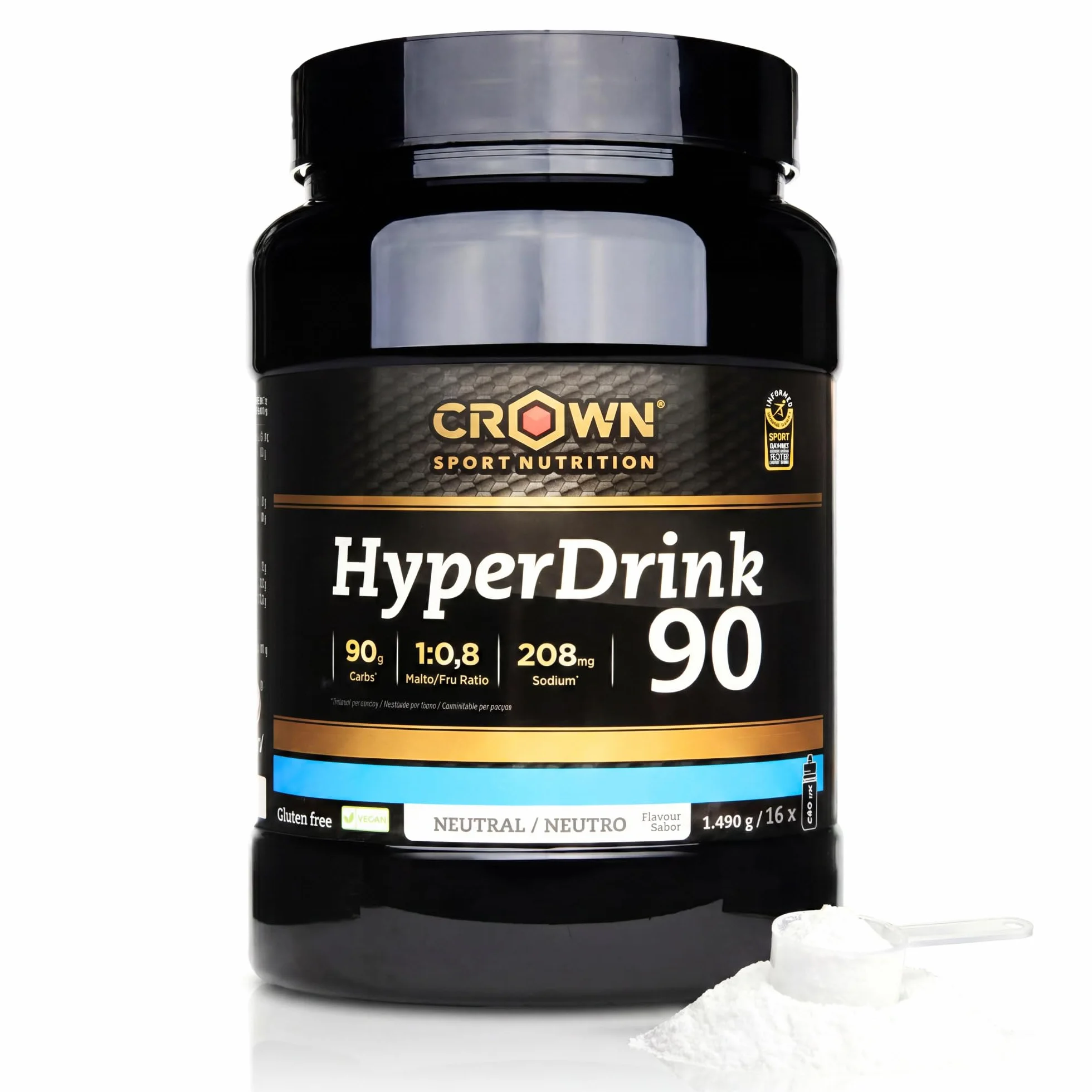 Crown Sport Nutrition HyperDrink 90 | Bebida Alta Carbohidratos 90 g en 500 ml y Sodio | Polvo Bote 1490 g 16 Tomas | Maltodextrina Fructosa Ratio 1:0,8 y Sal Marina | Sin Aditivos Sin Sabor