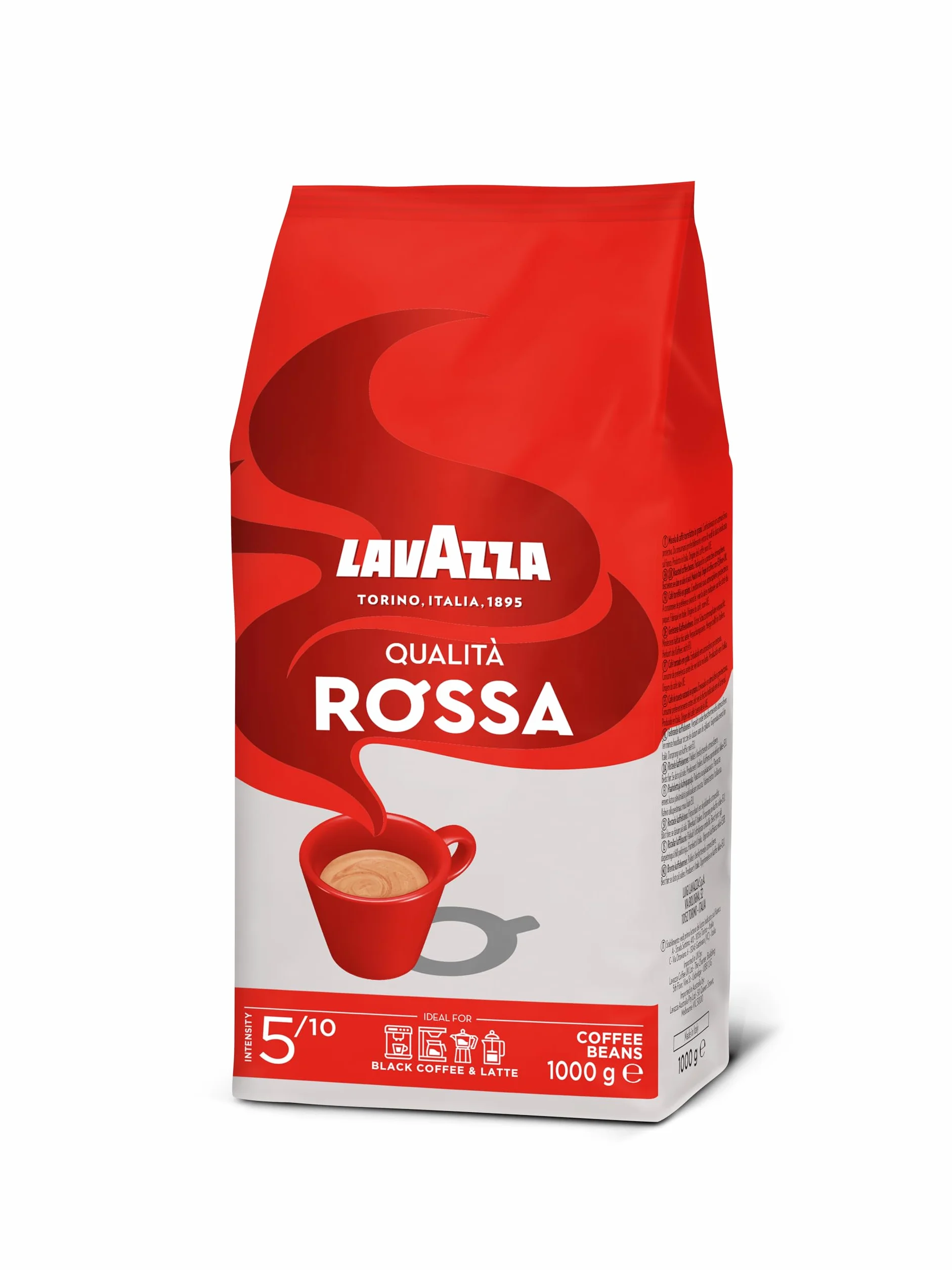 Lavazza, Qualità Rossa, Café en Grano Natural, Ideal para la Máquina de Café Espresso, con Notas Aromáticas de Chocolate y Frutos Secos, Arábica y Robusta, Intensidad 5, Tueste Medio, Paquete de 2 kg